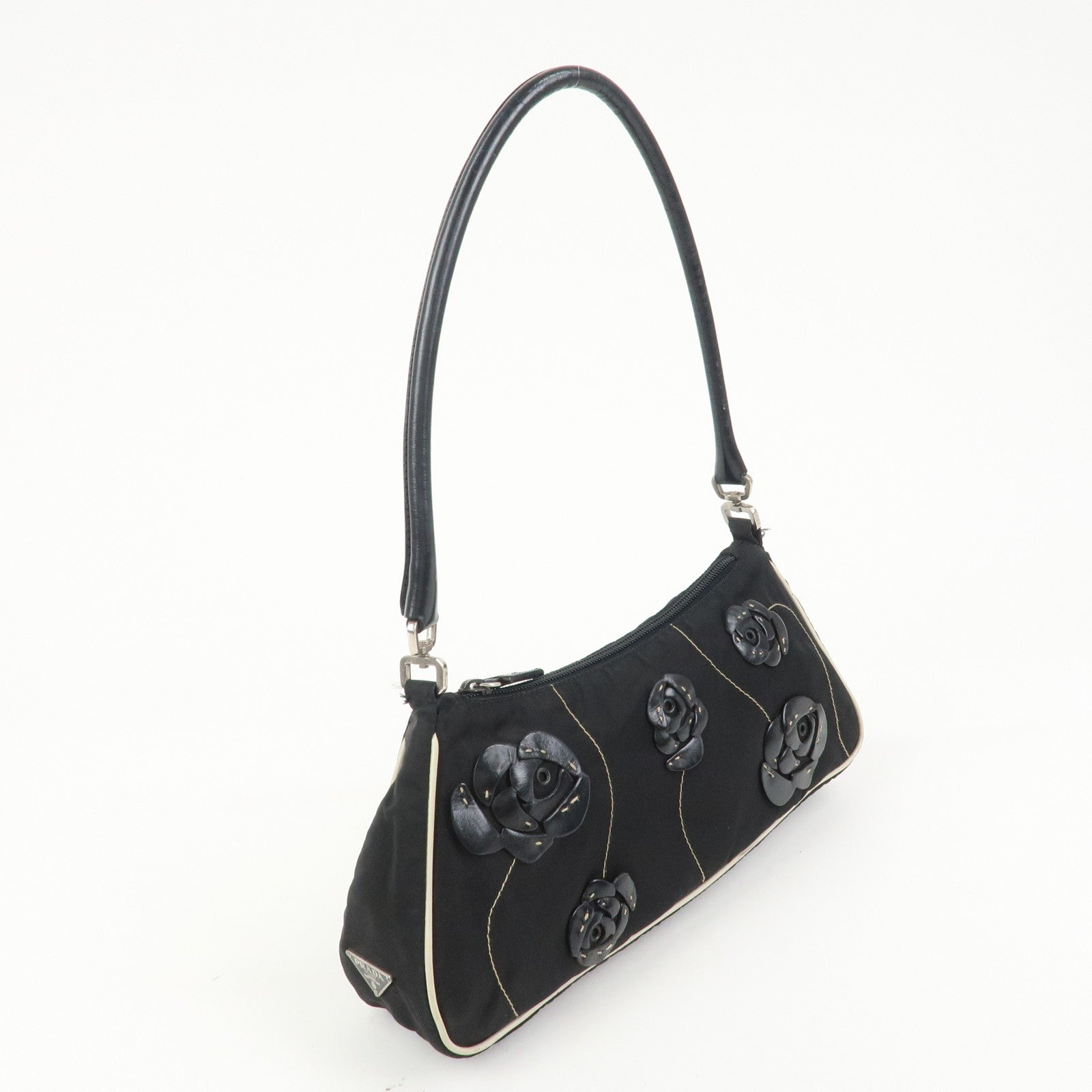 PRADA Nylon Leather Shoulder Bag Hand Bag Flower Motif Black