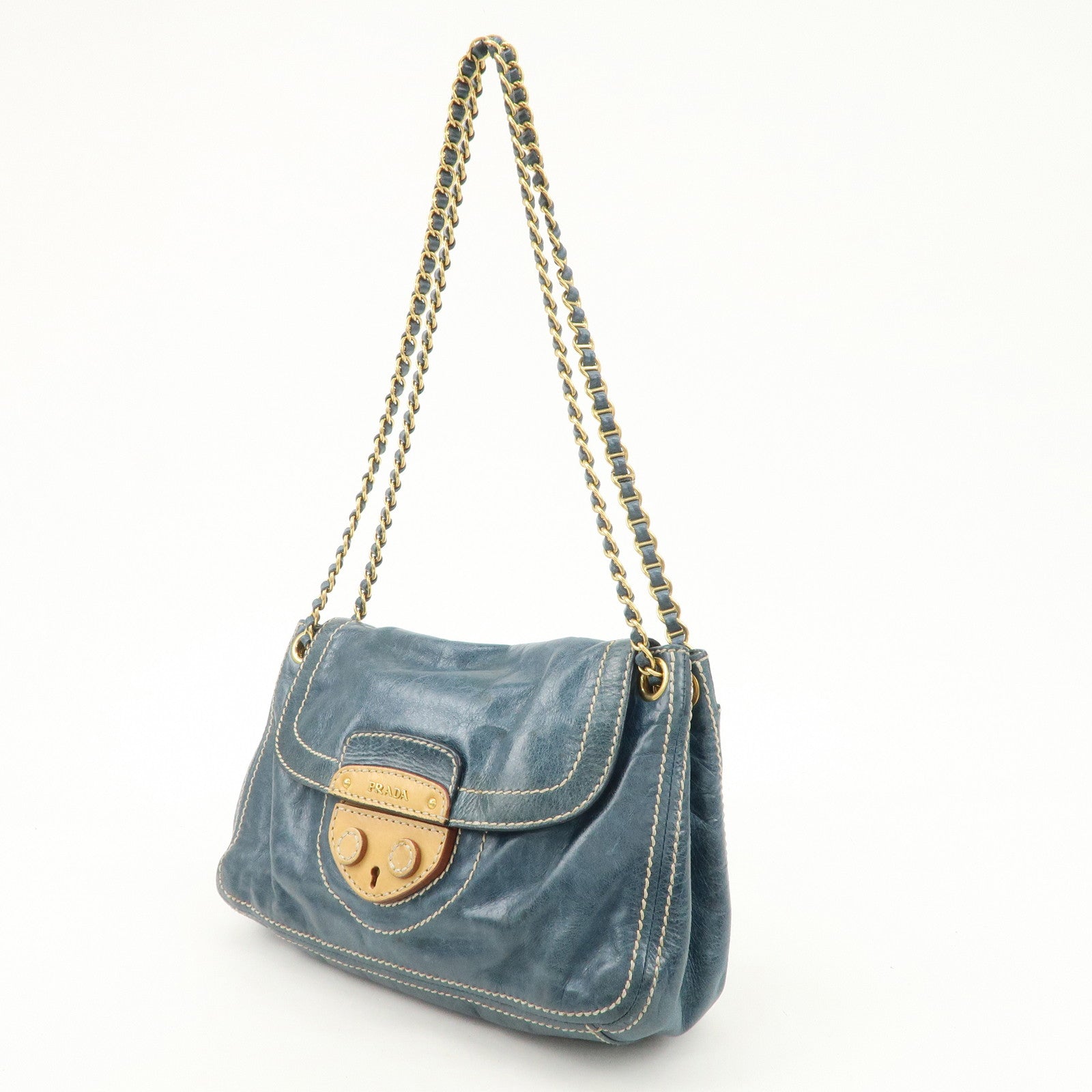 PRADA Leather Chain Shoulder Bag Blue Gold Hardware BR4659 Used