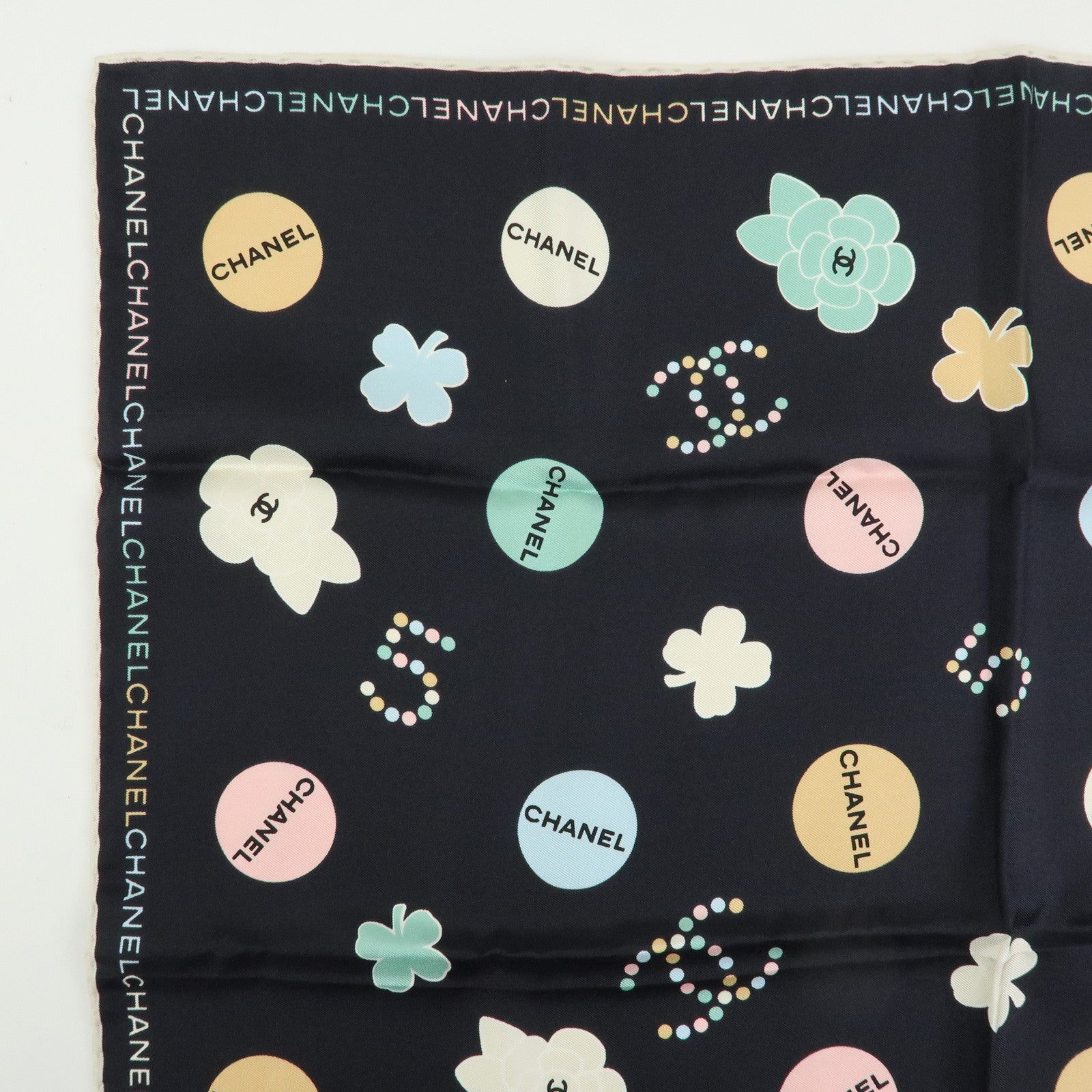 CHANEL No.5 Silk 100% Scarf Black Multicolor