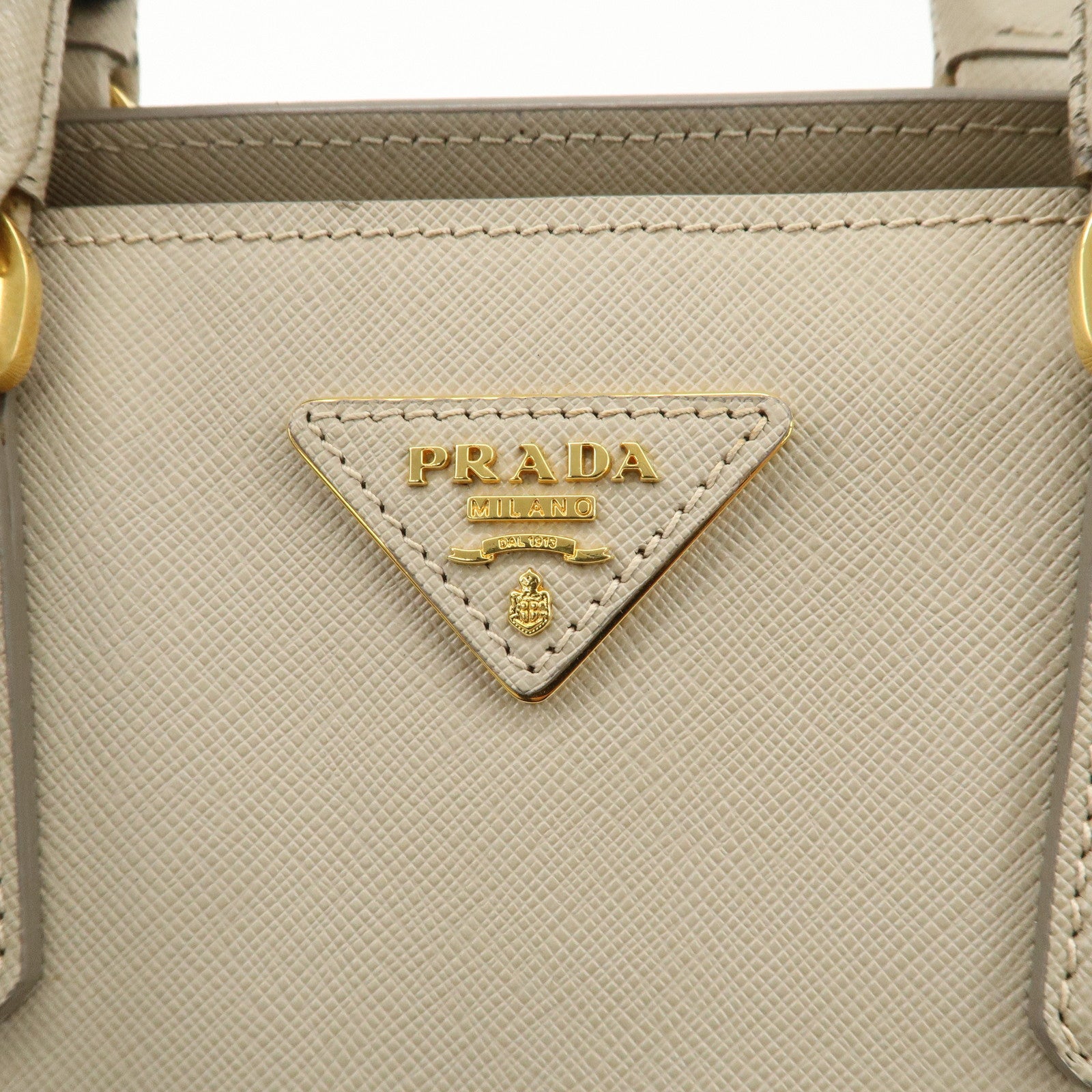 PRADA Triangle Logo Leather 2Way Bag Hand Bag Beige Gold Hardware Used