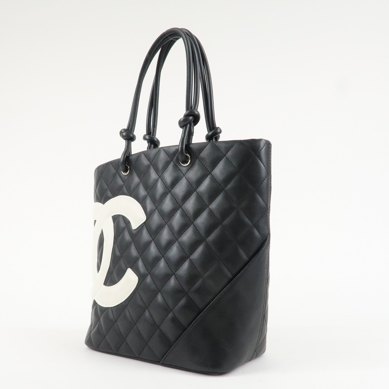 CHANEL Cambon Line COCO Mark Lamb Skin Small Tote Bag Black A25166 Used