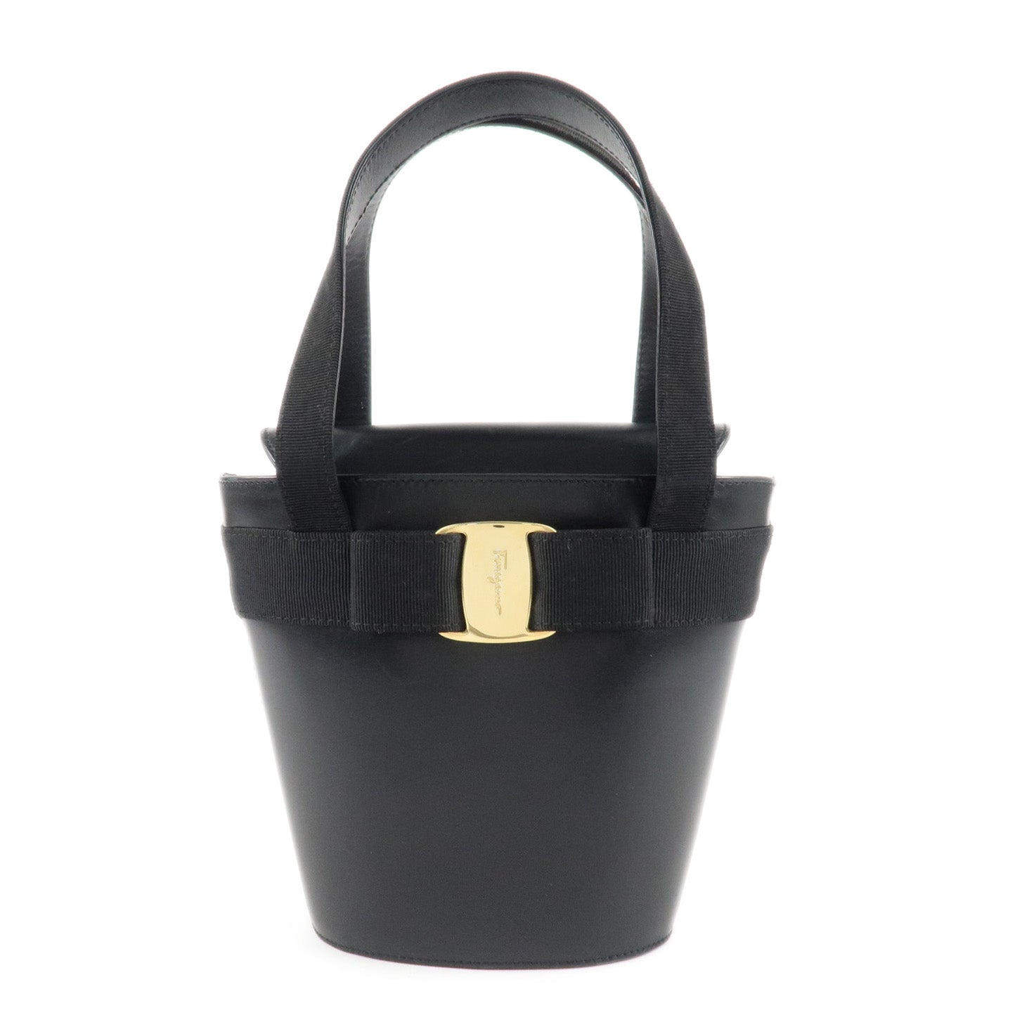 Ferragamo Vara Ribbon Leather Hand Bag Gold HDW Black Used