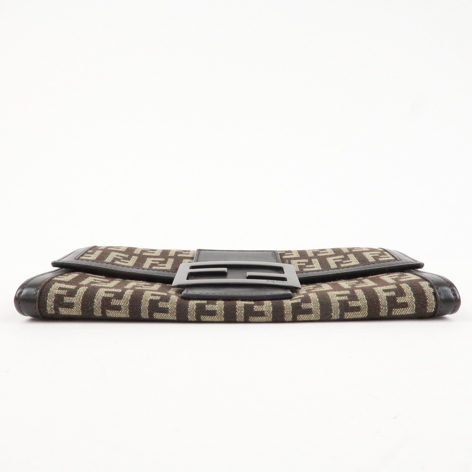 FENDI Zucchino Canvas Leather Bi-Fold Long Wallet Dark Brown 8M0021 Used
