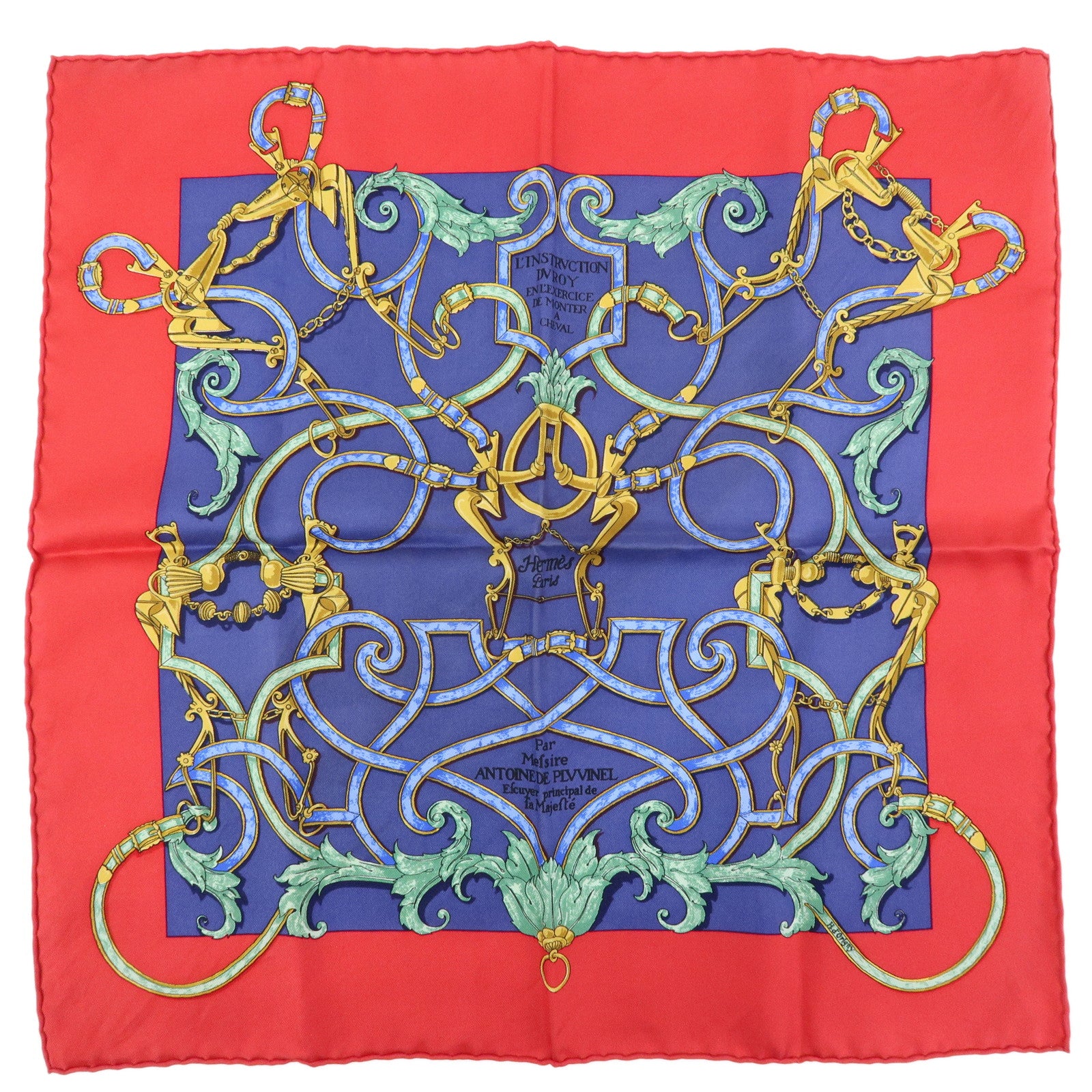 HERMES Carre 45 Silk 100% Scarf L’INSTRVCTION DV ROY Red Navy