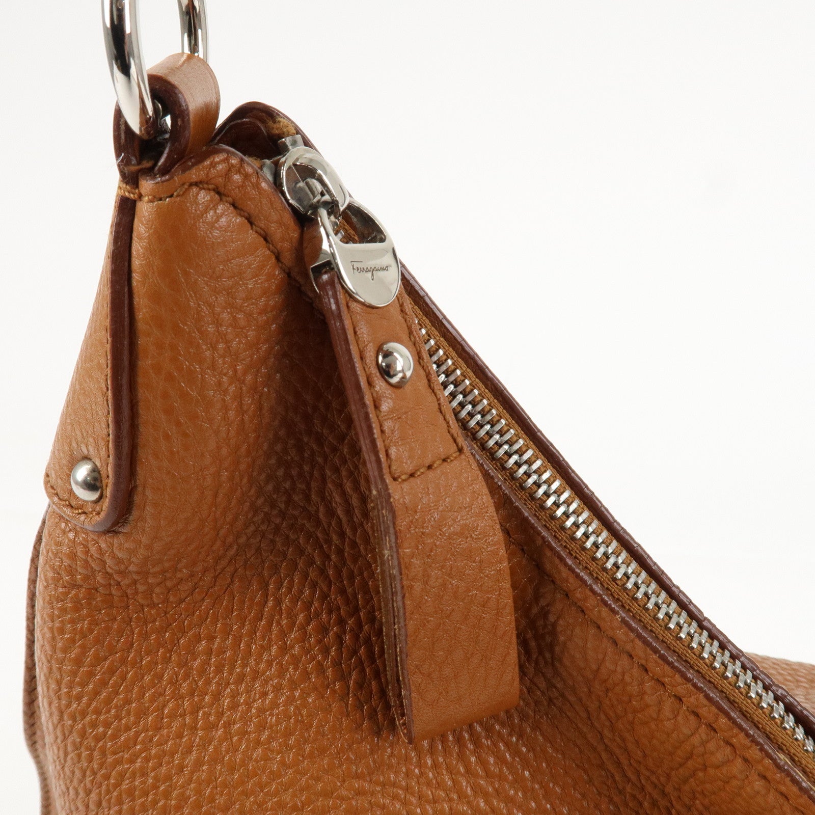 Ferragamo Gancini Leather Shoulder Bag Brown Silver Hardware Used