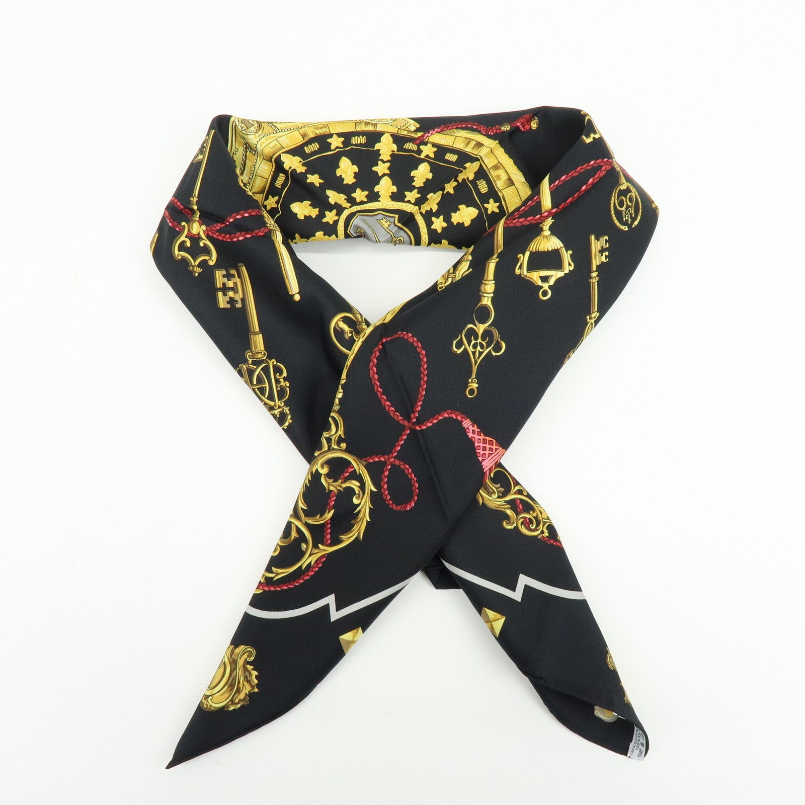 HERMES Carre 90 Silk 100% Scarf LES CLES THE KEYS RARE Black