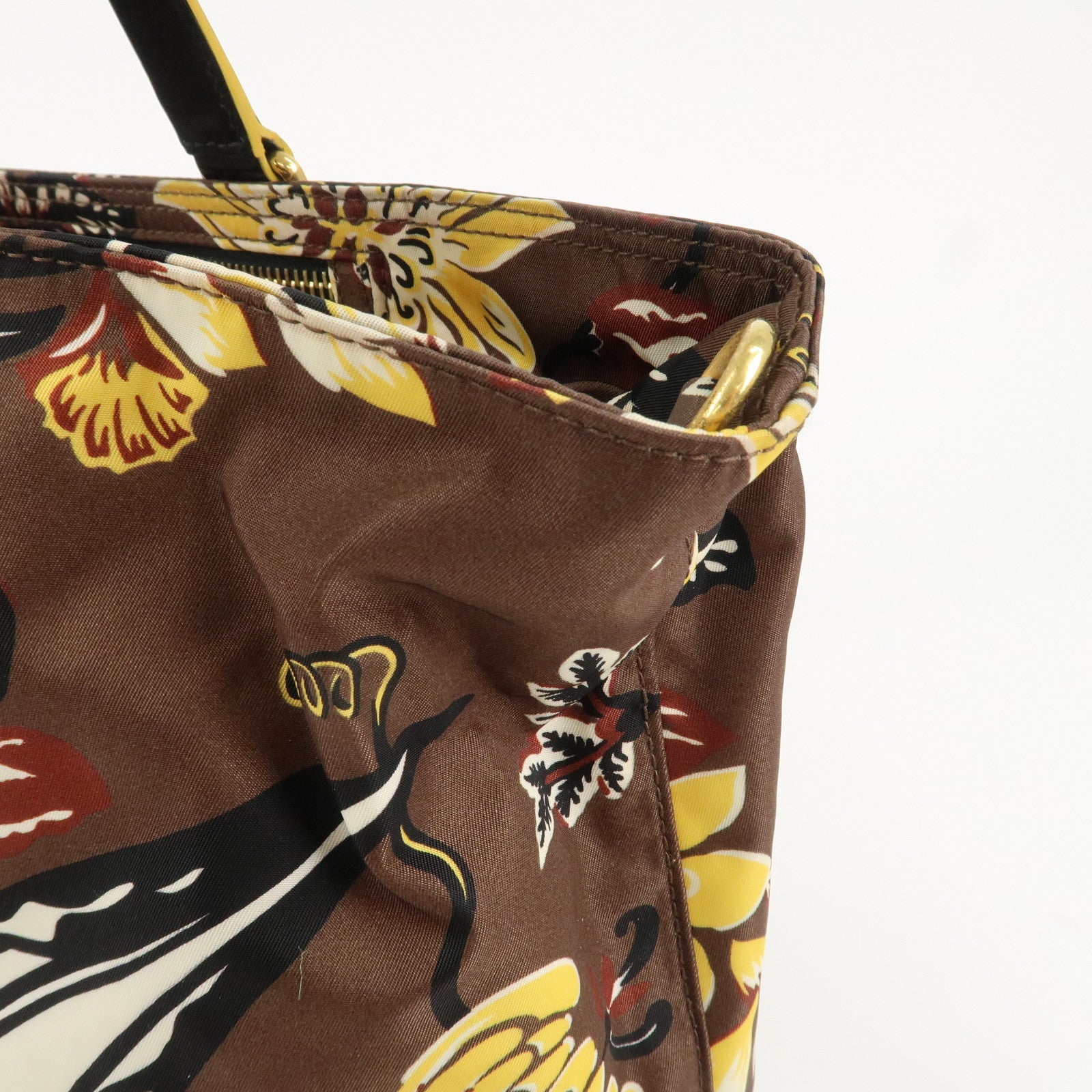 PRADA Triangle Logo Nylon Leather 2Way Bag Shoulder Bag Hand Bag Floral Print Brown Yellow BN2741 Used