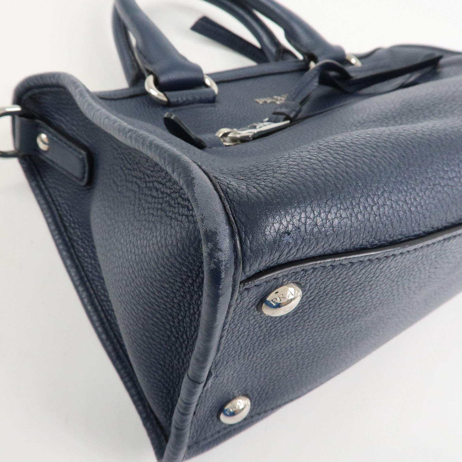 PRADA Logo Leather Vitello Phenix 2WAY Bag Hand Bag Navy 1BB022