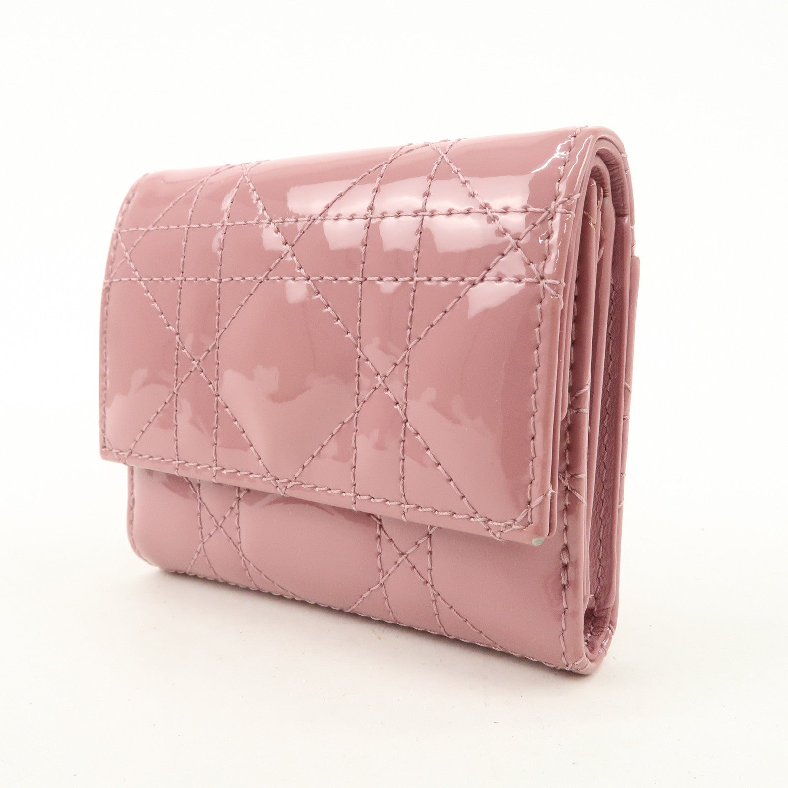 Christian Dior Lady Dior Cannage Patent Leather Tri-fold Wallet Pink Used