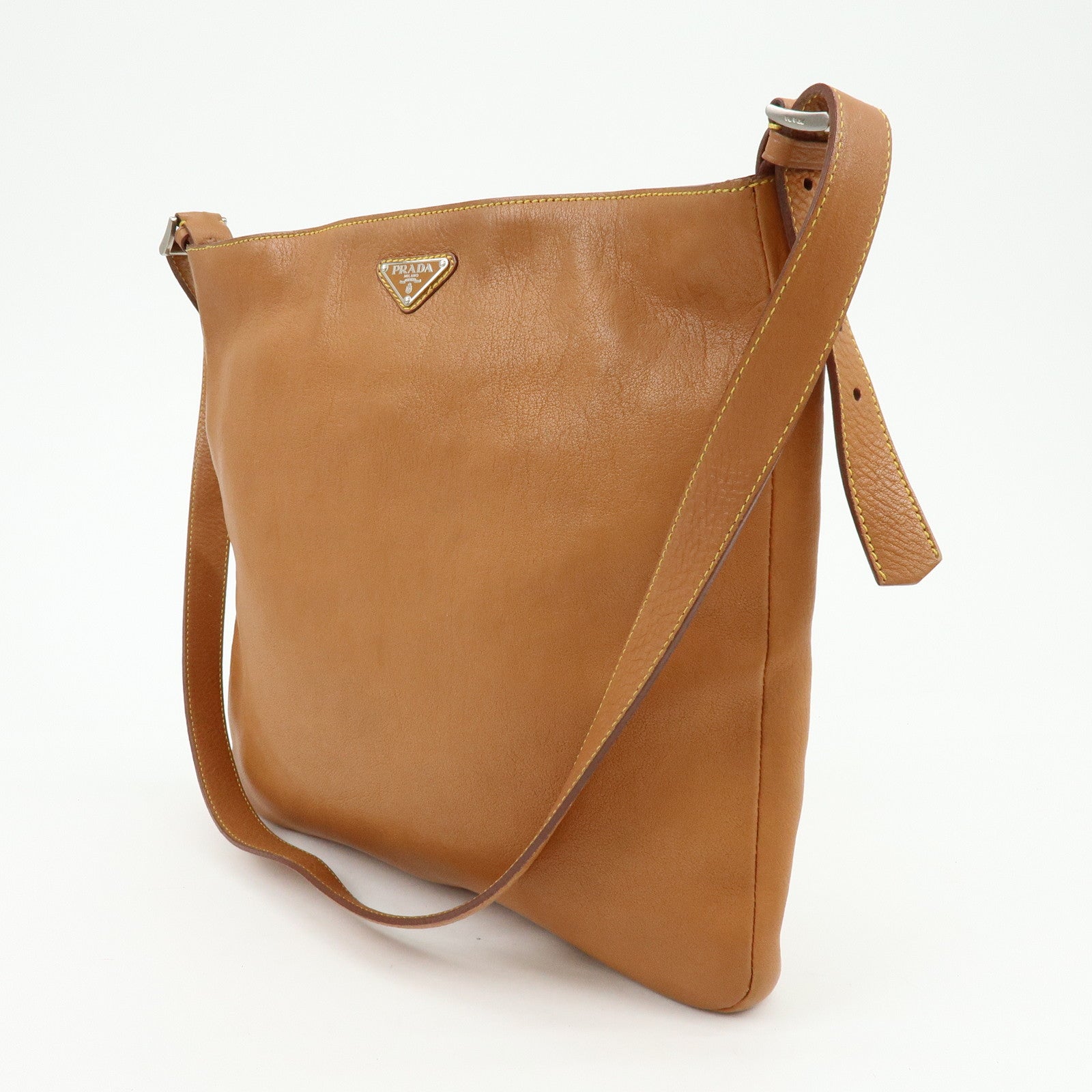 PRADA Triangle Logo Calf Leather Shoulder Crossbody Bag Brown