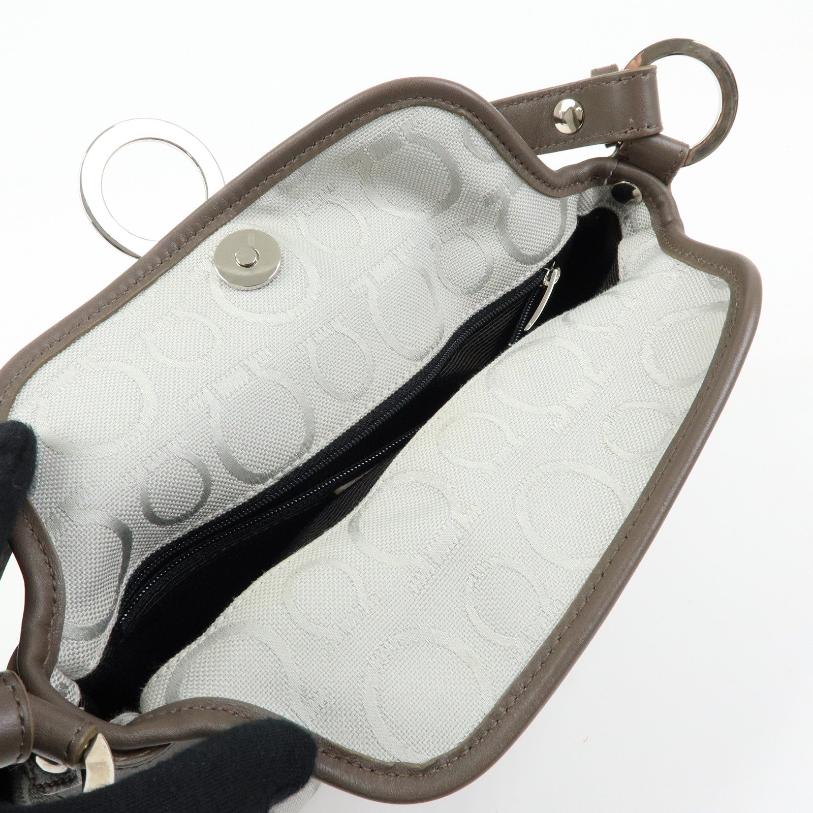 Ferragamo Gancini Canvas Leather Shoulder Bag Hand Bag Gray Brown