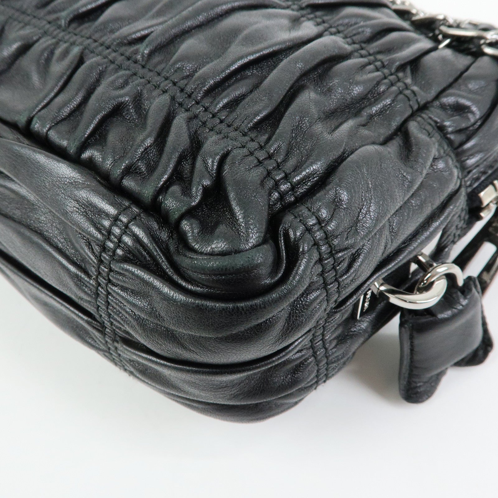 PRADA Logo Nappa Leather Gathered Chain Shoulder Bag Black