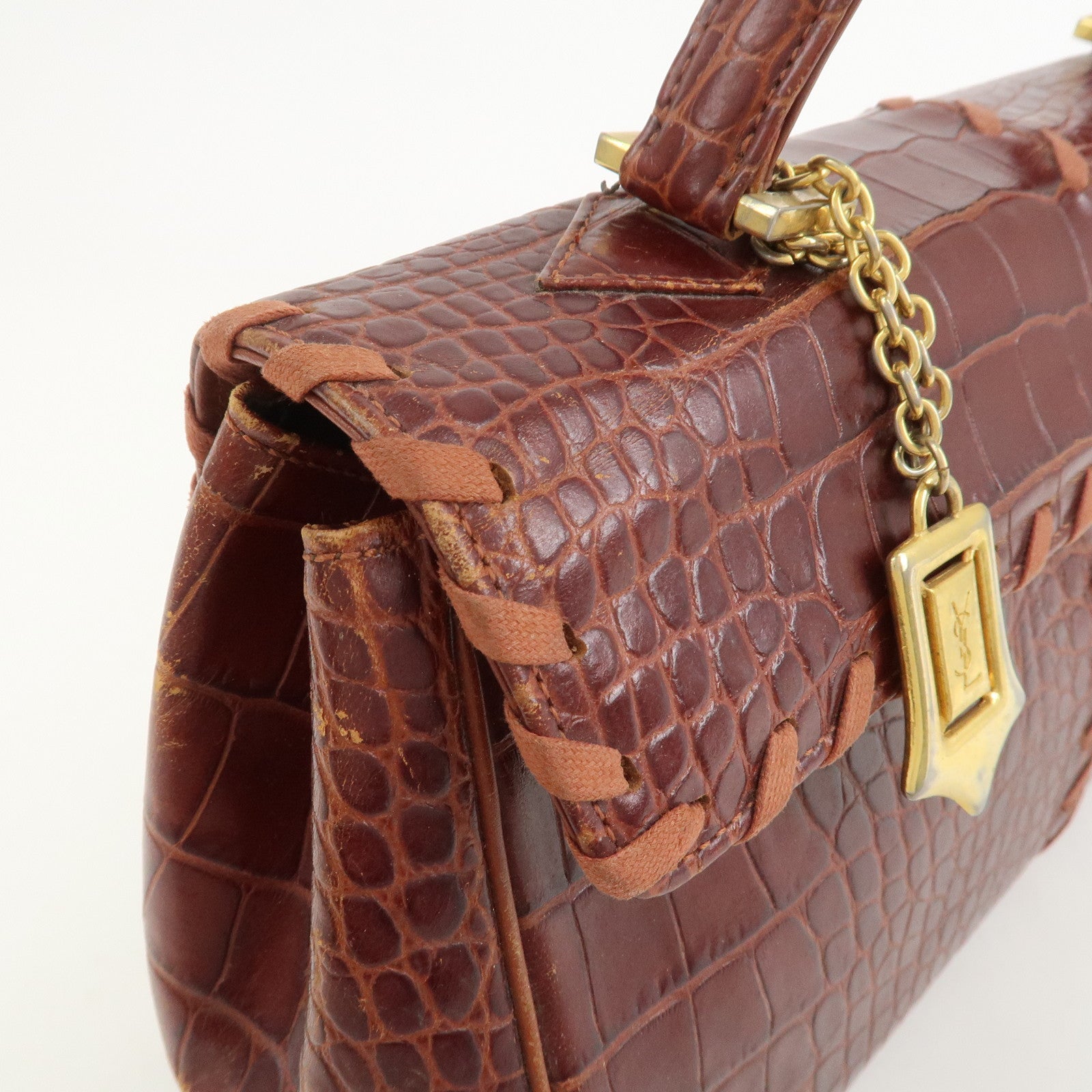 SAINT LAURENT PARIS Embossed Leather Hand Bag Red Brown