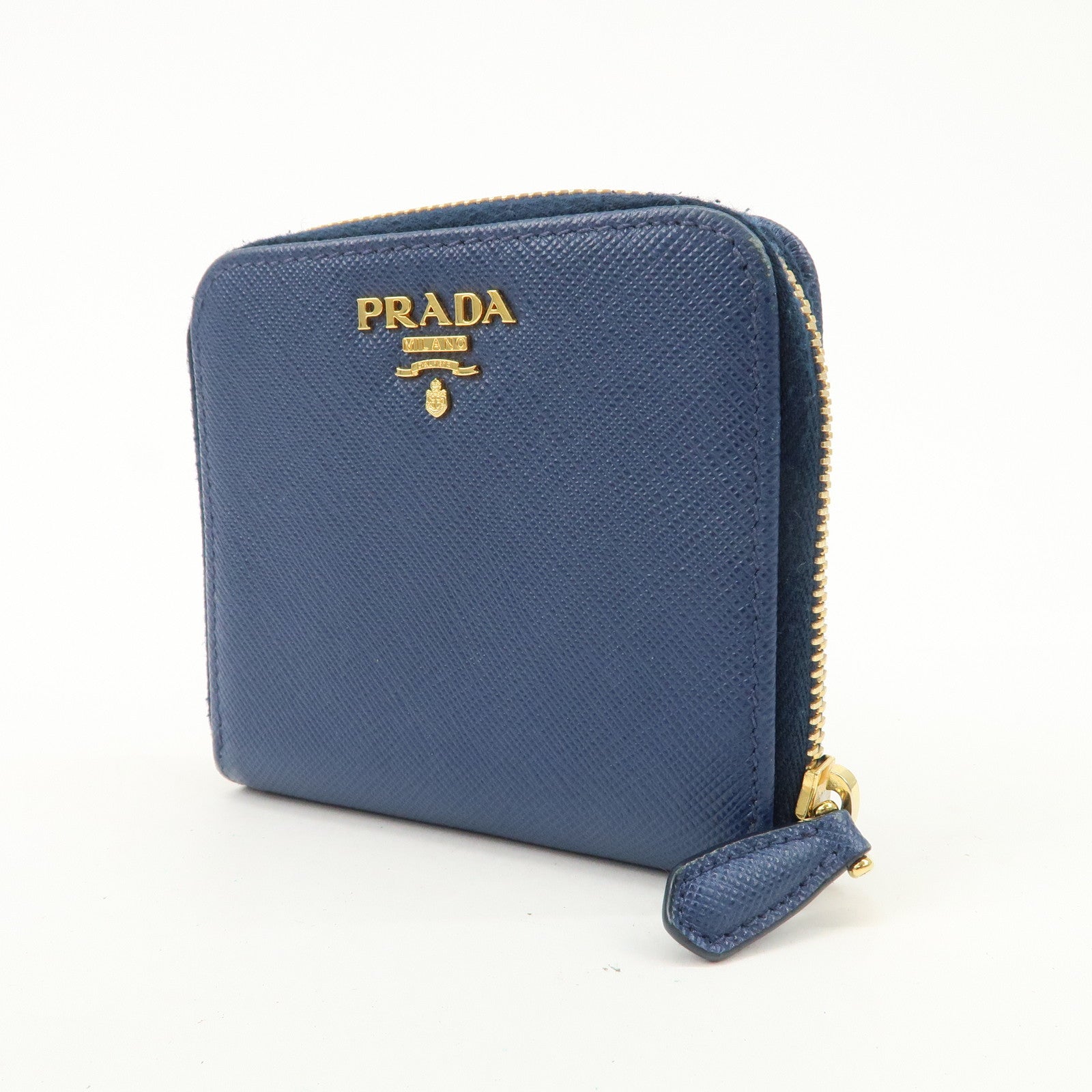 PRADA Logo Leather Round Zippy Bi-fold Wallet Blue 1ML522 Used