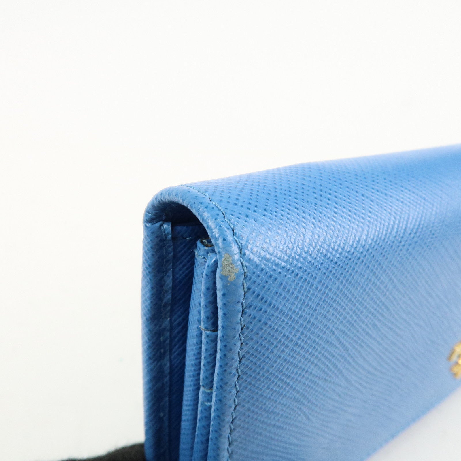 PRADA Saffiano Leather Bi-Fold Long Wallet Blue Gold HDW 1MH132 Used