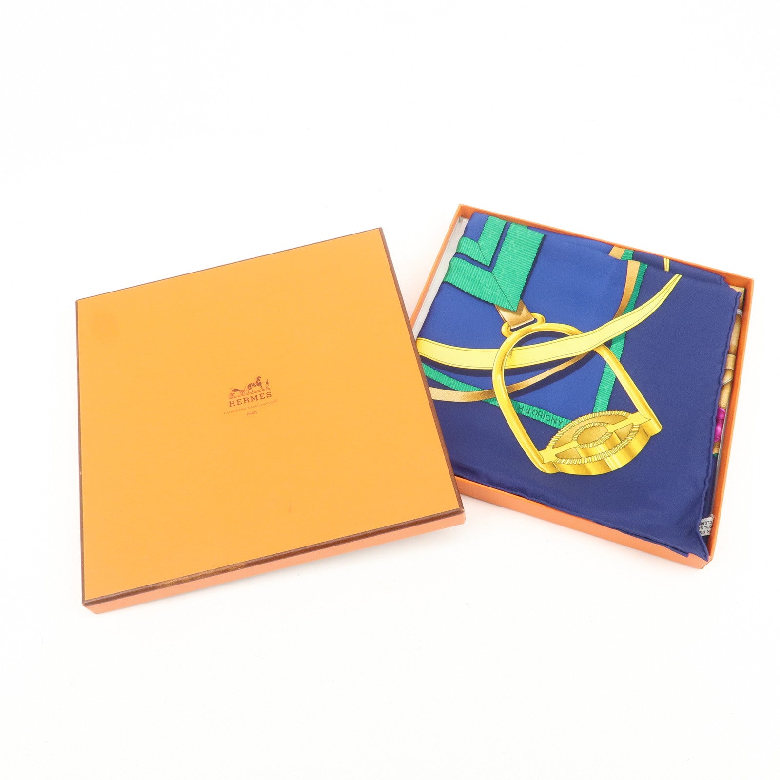 HERMES Carre 90 Silk 100% Grand Manege Scarf Navy Gold