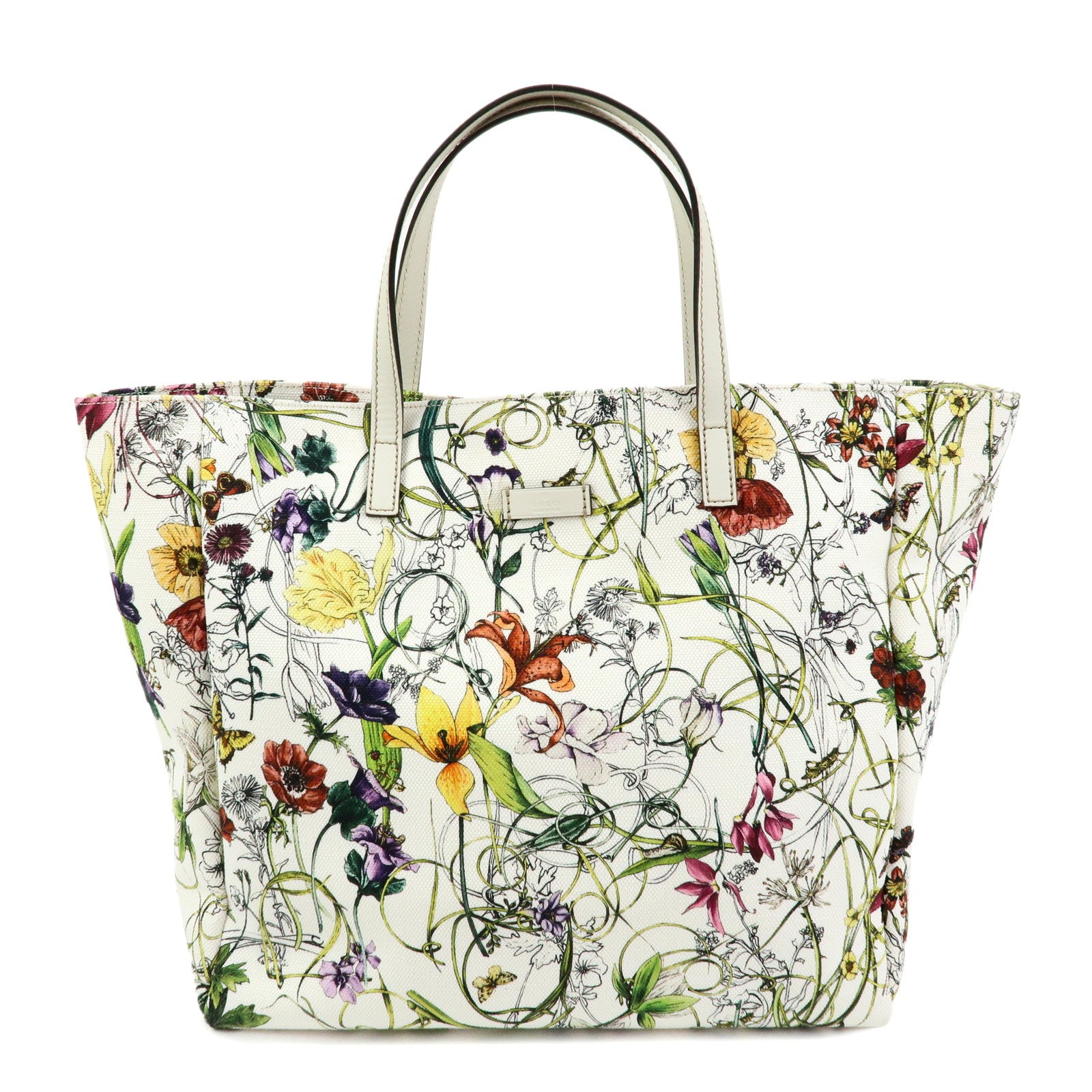 GUCCI Flora Canvas Leather Flower Tote Bag Hand Bag White 282439