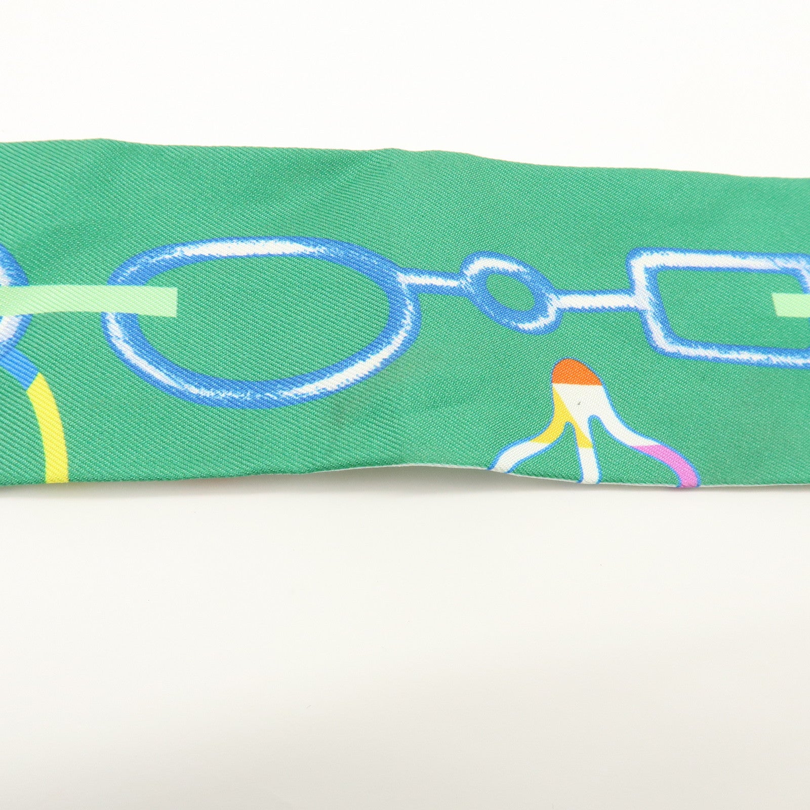 HERMES Twilly Silk 100% Scarf DO RE BOUCLES Green Ivory