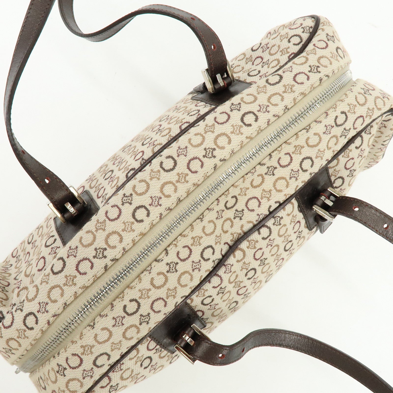CELINE C Macadam Canvas Leather Hand Bag Boston Bag Beige Brown