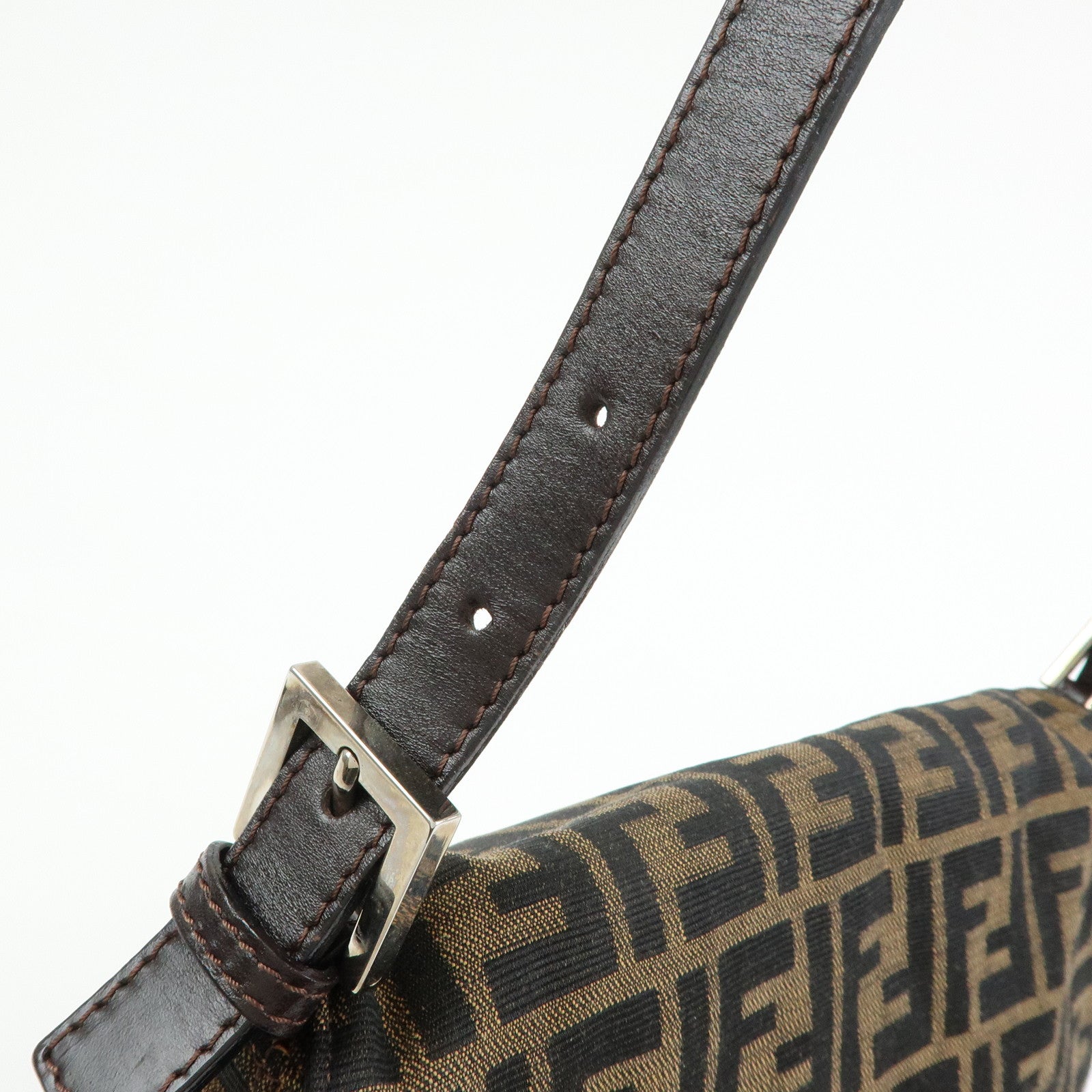 FENDI Mamma Baguette Zucca Canvas Leather Shoulder Bag Brown 26325