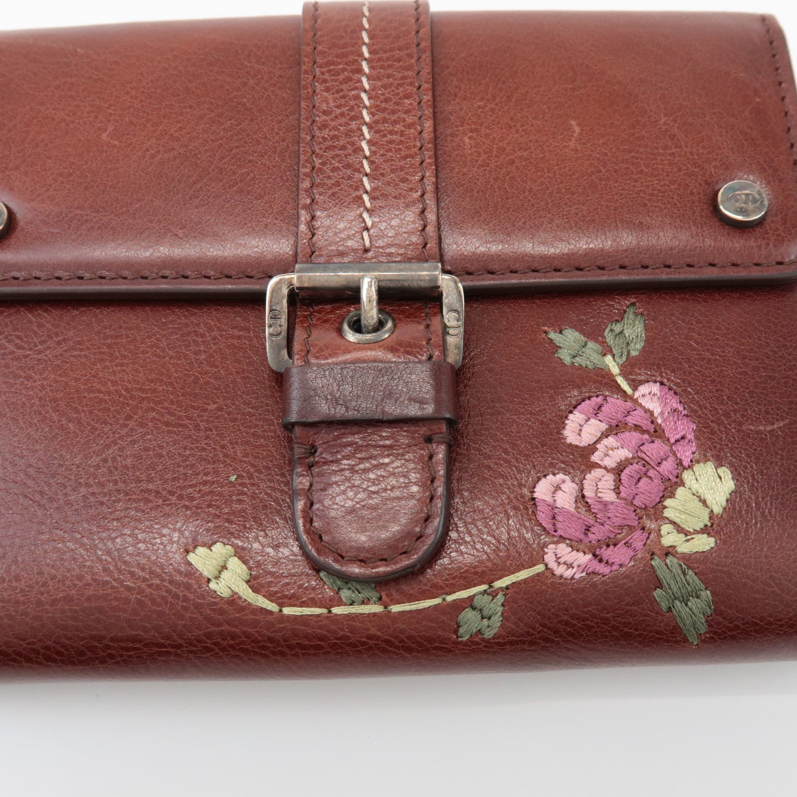 Christian Dior Leather Flower Embroidery Motif Compact Wallet Brown
