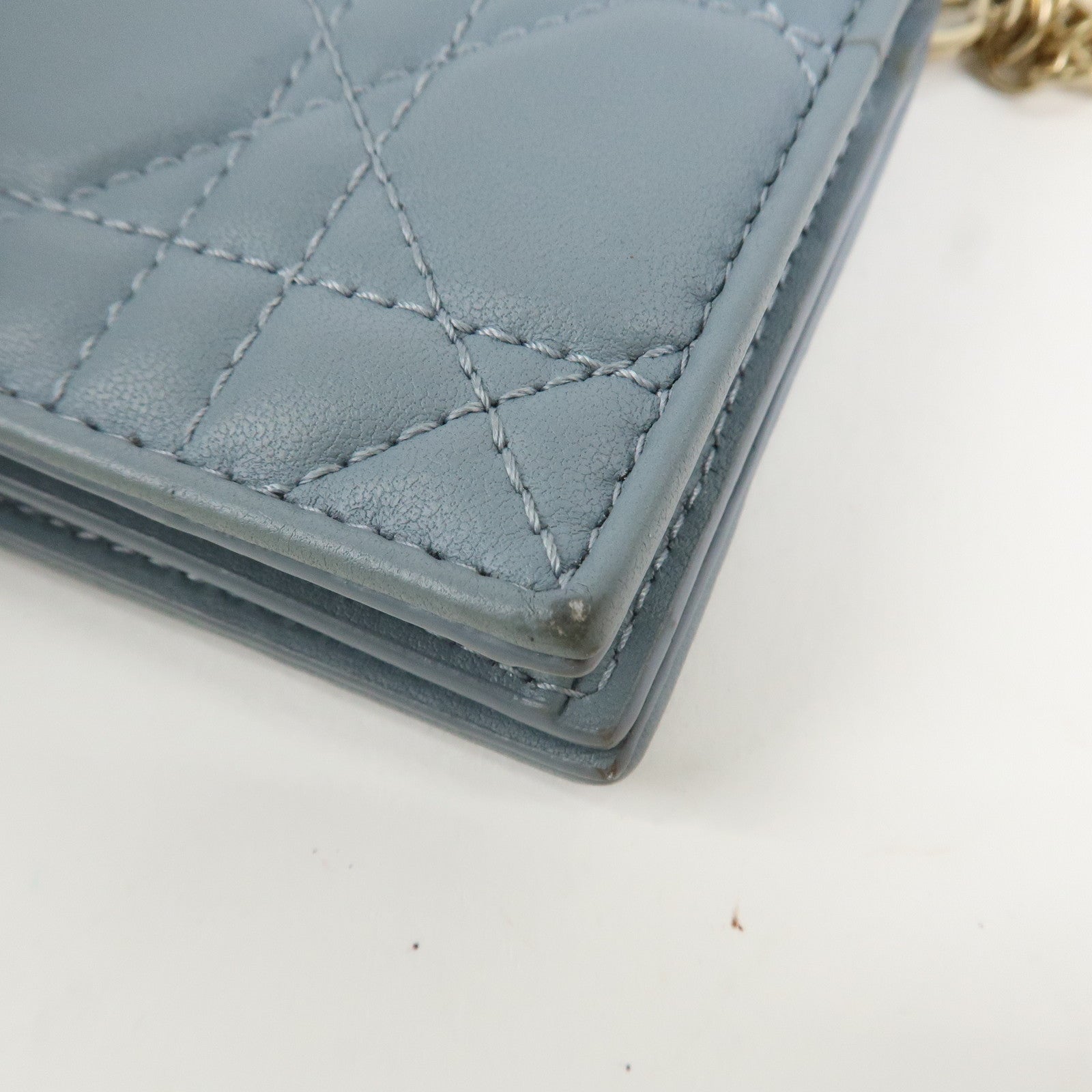 Christian Dior Cannage Leather Gardenia Wallet Gold Charm Blue Used