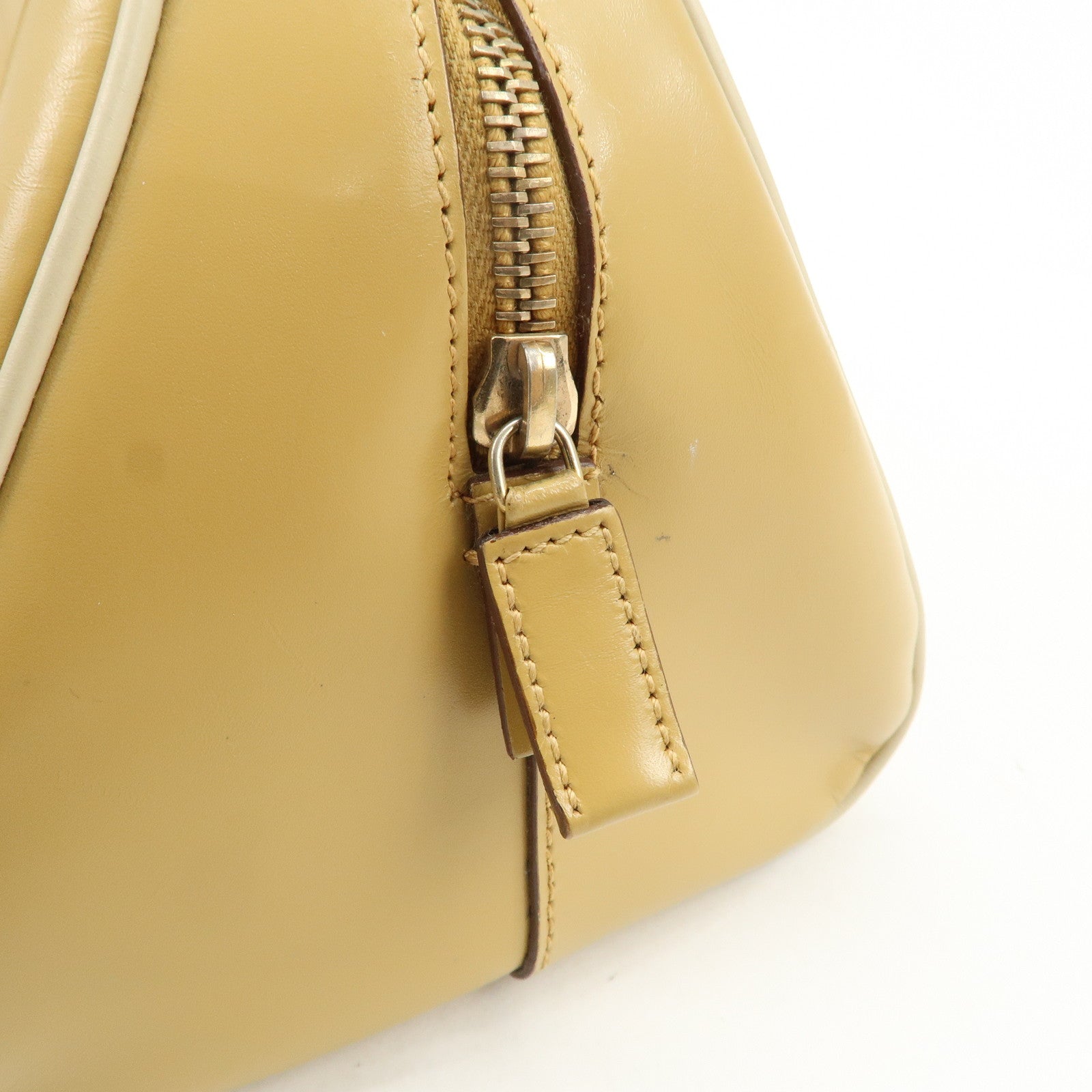 PRADA Leather Bowling Bag Boston Bag Hand Bag Gold HDW Beige