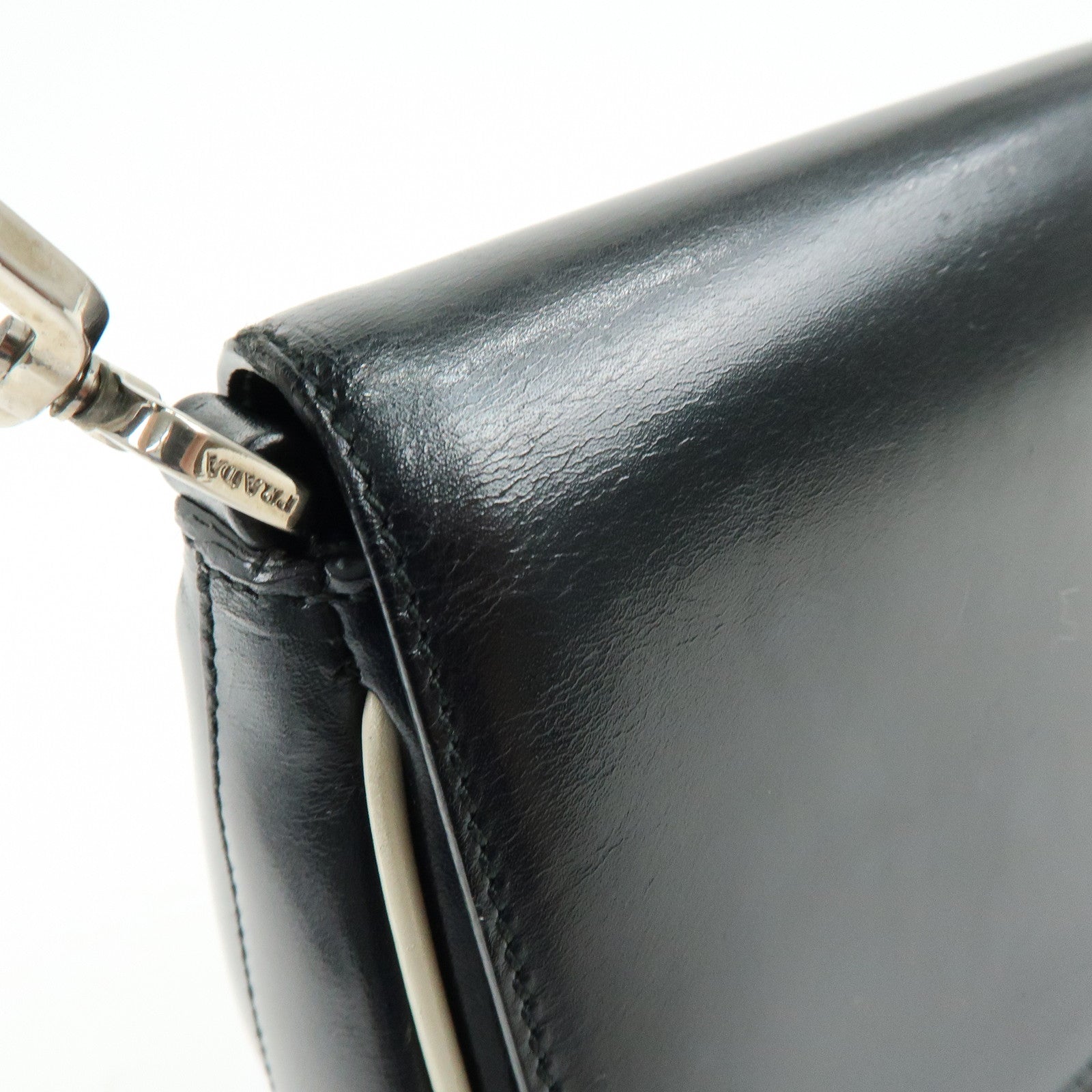 PRADA Logo Leather Shoulder Bag Hand Bag Black White
