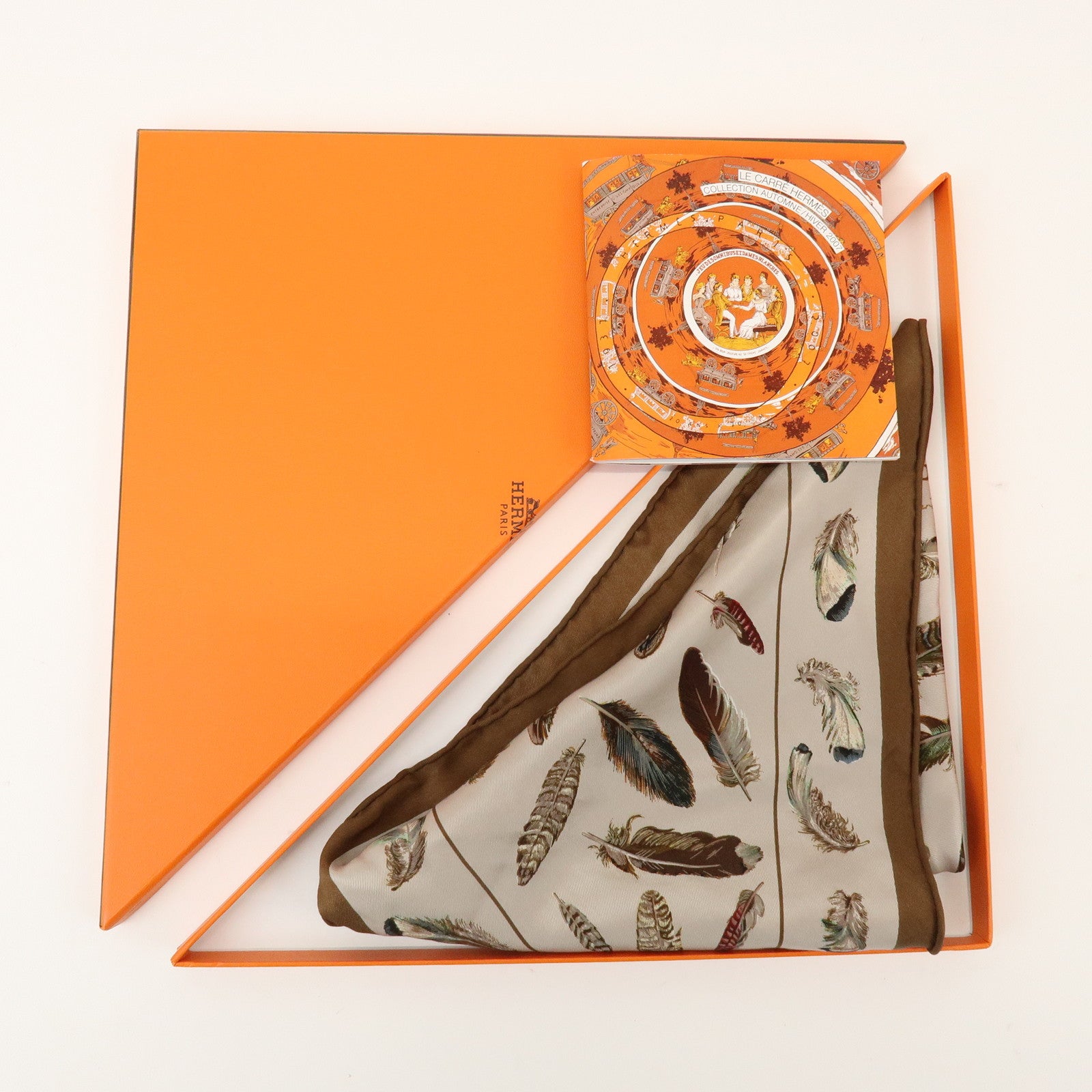 HERMES Pointu Silk 100% Scarf PLUMES Feather Print Brown Beige