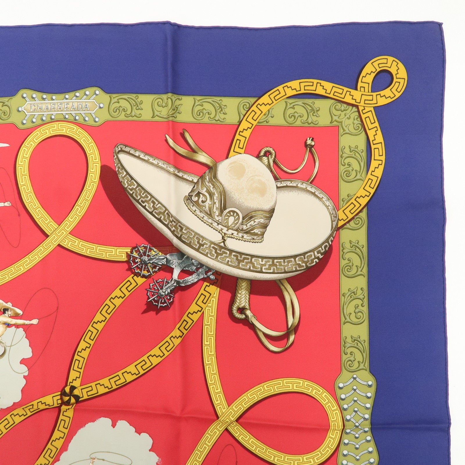 HERMES Carre 90 Silk 100% Scarf CHARREADA Gold Navy Red