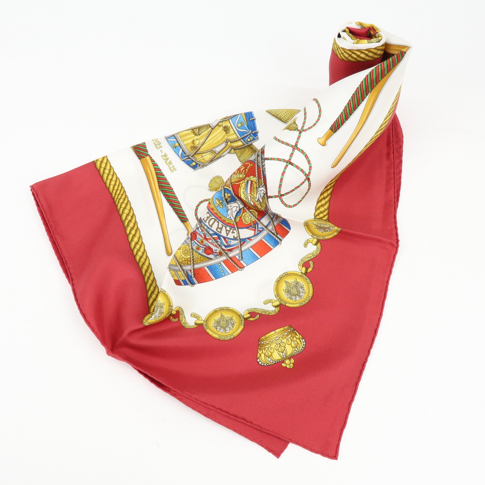 HERMES Carre 90 Silk 100% Scarf LES TAMBOURS Red Gold