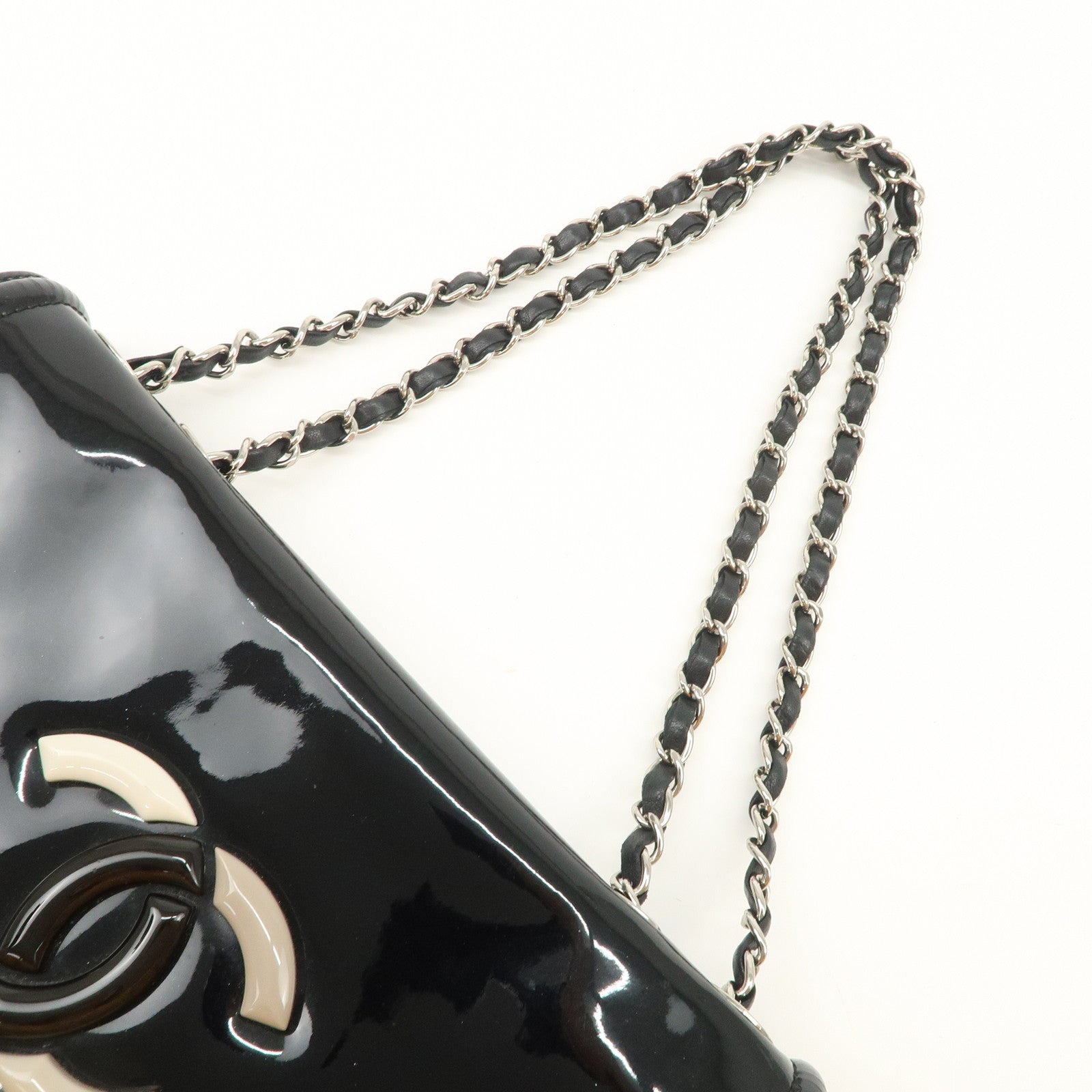 CHANEL Patent Leather Chain Shoulder Bag Hand Bag Black