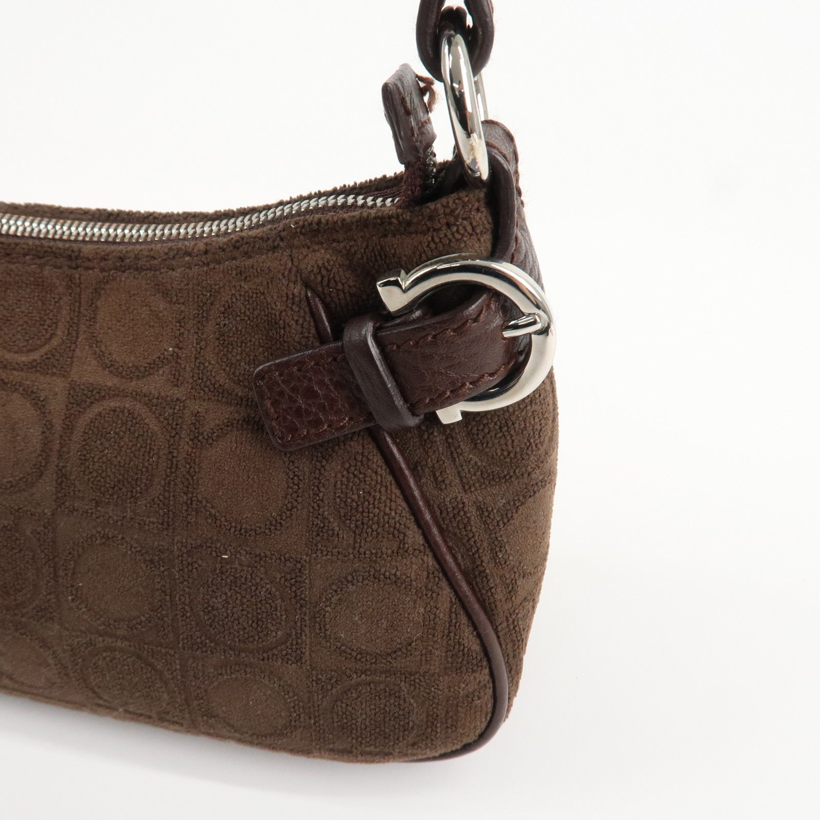 Ferragamo Gancini Leather Cotton Accessory Pouch Hand Bag Brown