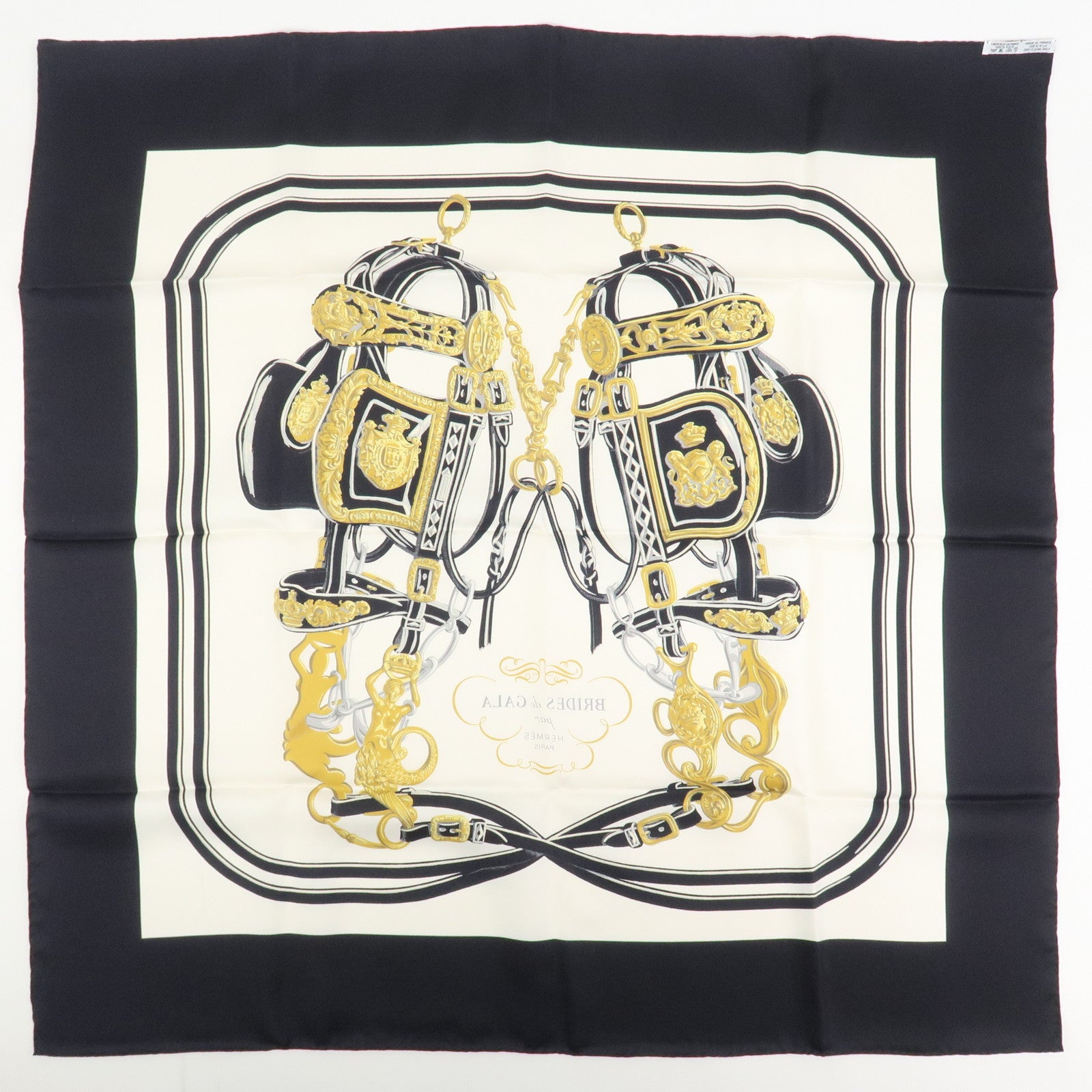 HERMES Carre 90 Silk 100% Scarf BRIDES DE GALA Black White