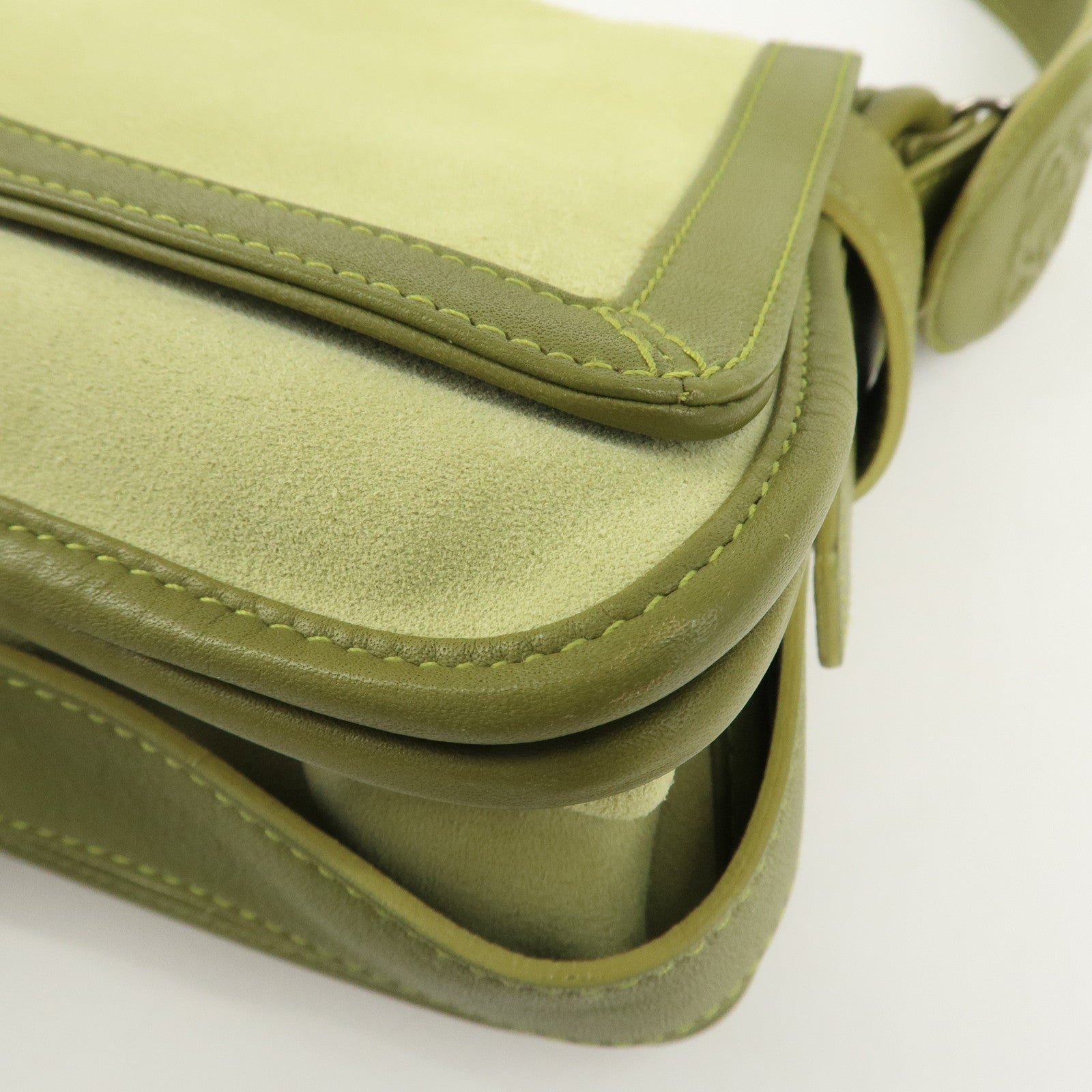 LOEWE Anagram Leather Suede Shoulder Bag Green Silver HDW Used