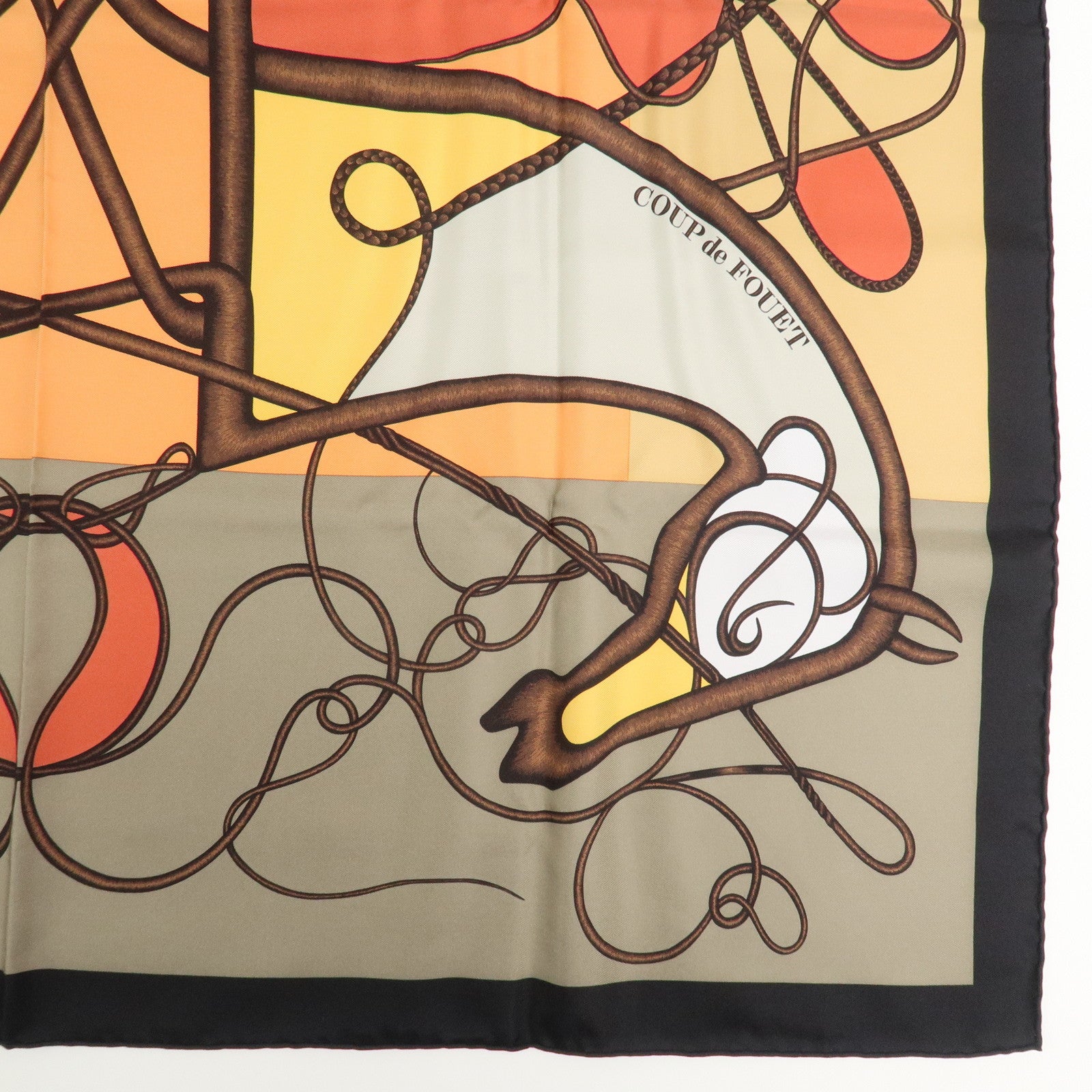 HERMES Carre 90 Silk 100% Coup de Fouet Scarf Black Multicolor