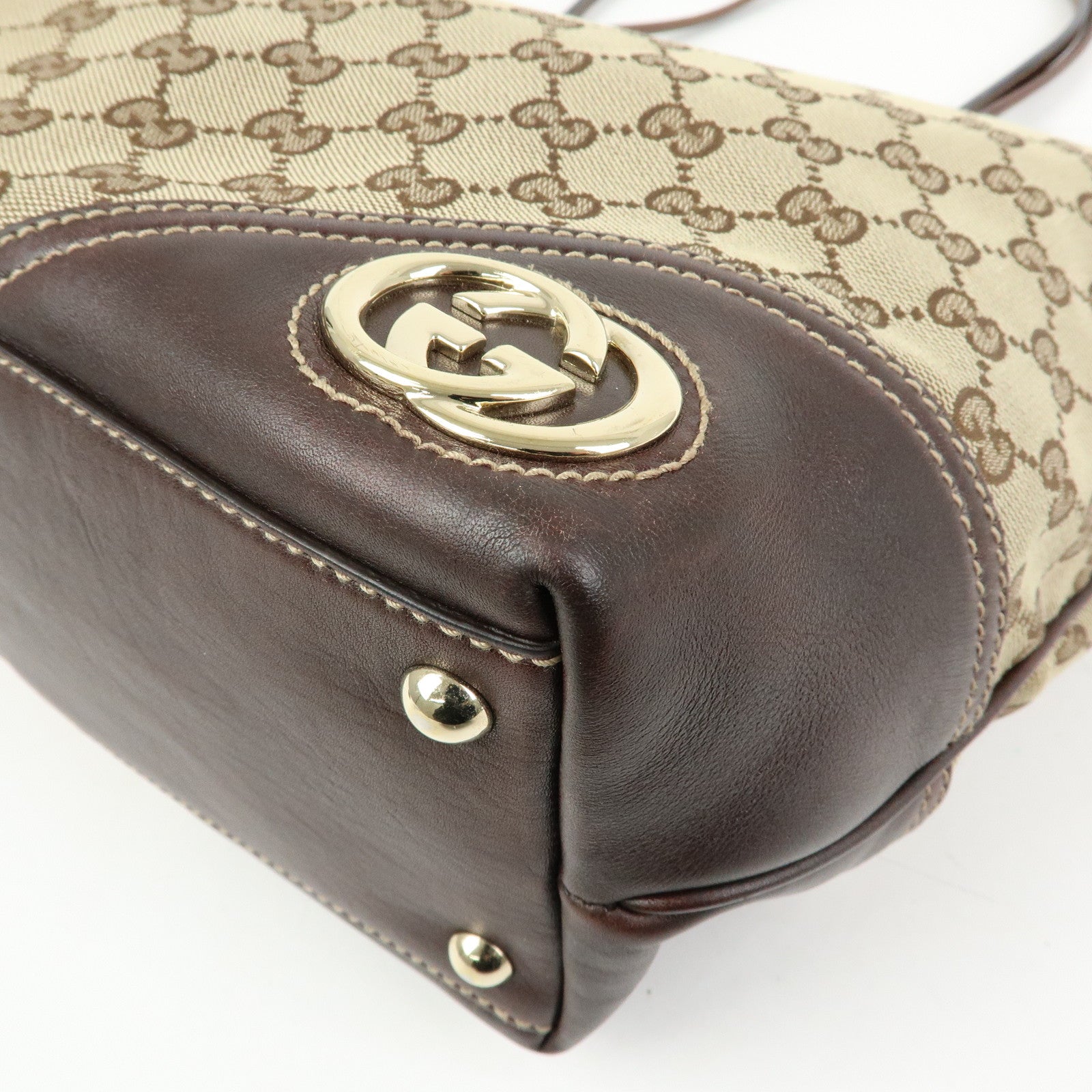 GUCCI Interlocking G Canvas Leather Tote Shoulder Bag Beige 169945