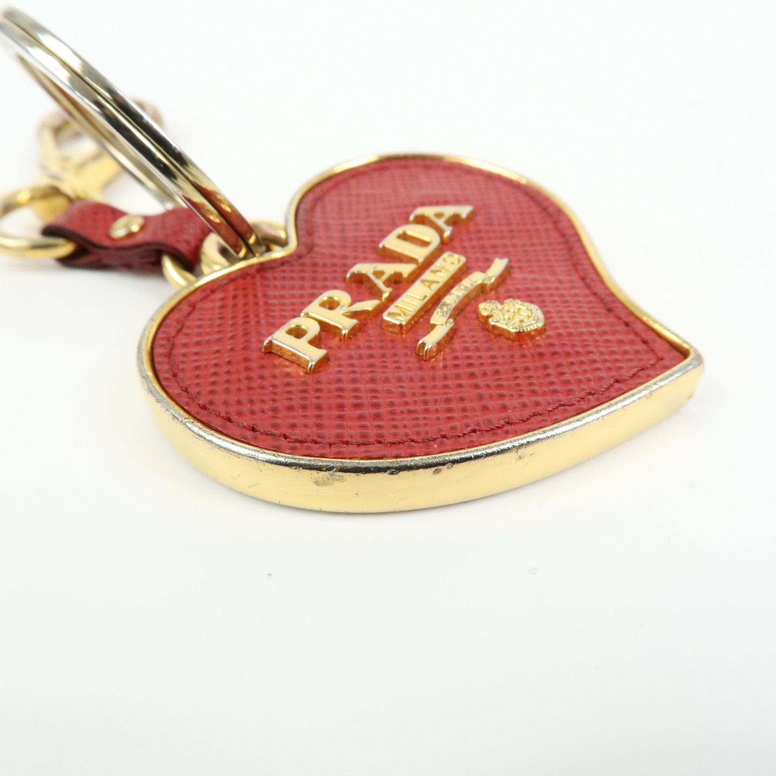 PRADA Metal Saffiano Leather Heart Bag Key Charm Key Chain Red