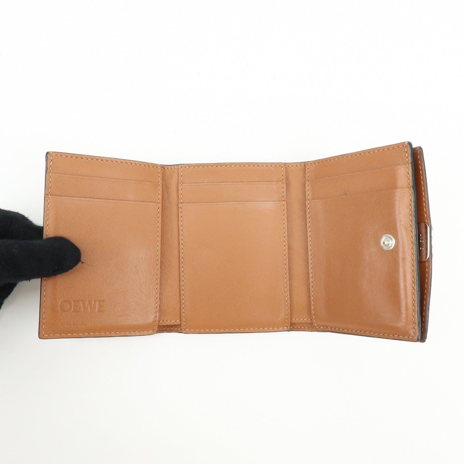 LOEWE Anagram Pebble Grained Calf Compact Tri-fold Wallet Camel