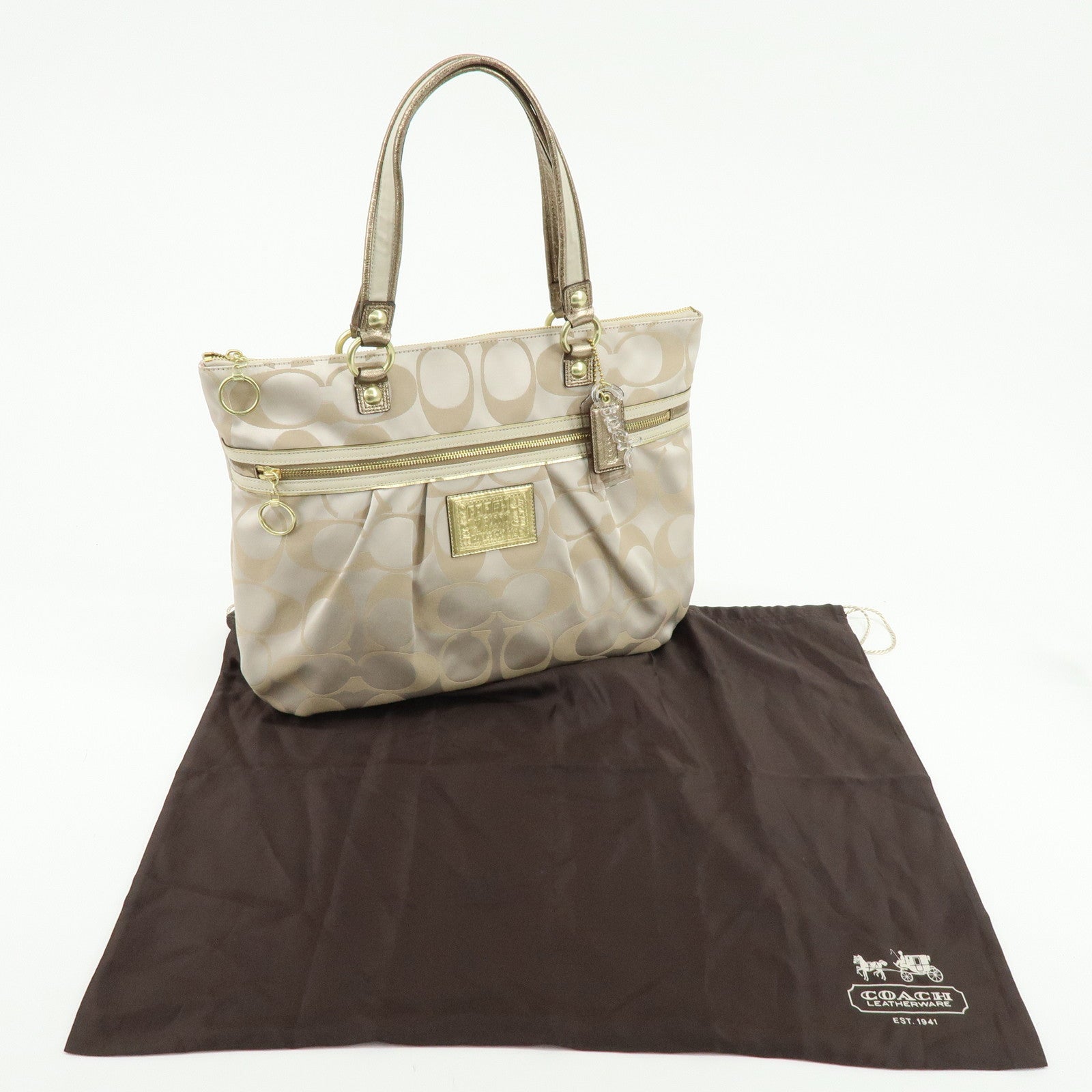 COACH Set of 2 Signature Satin Canvas Shoulder Bag Hand Bag Beige