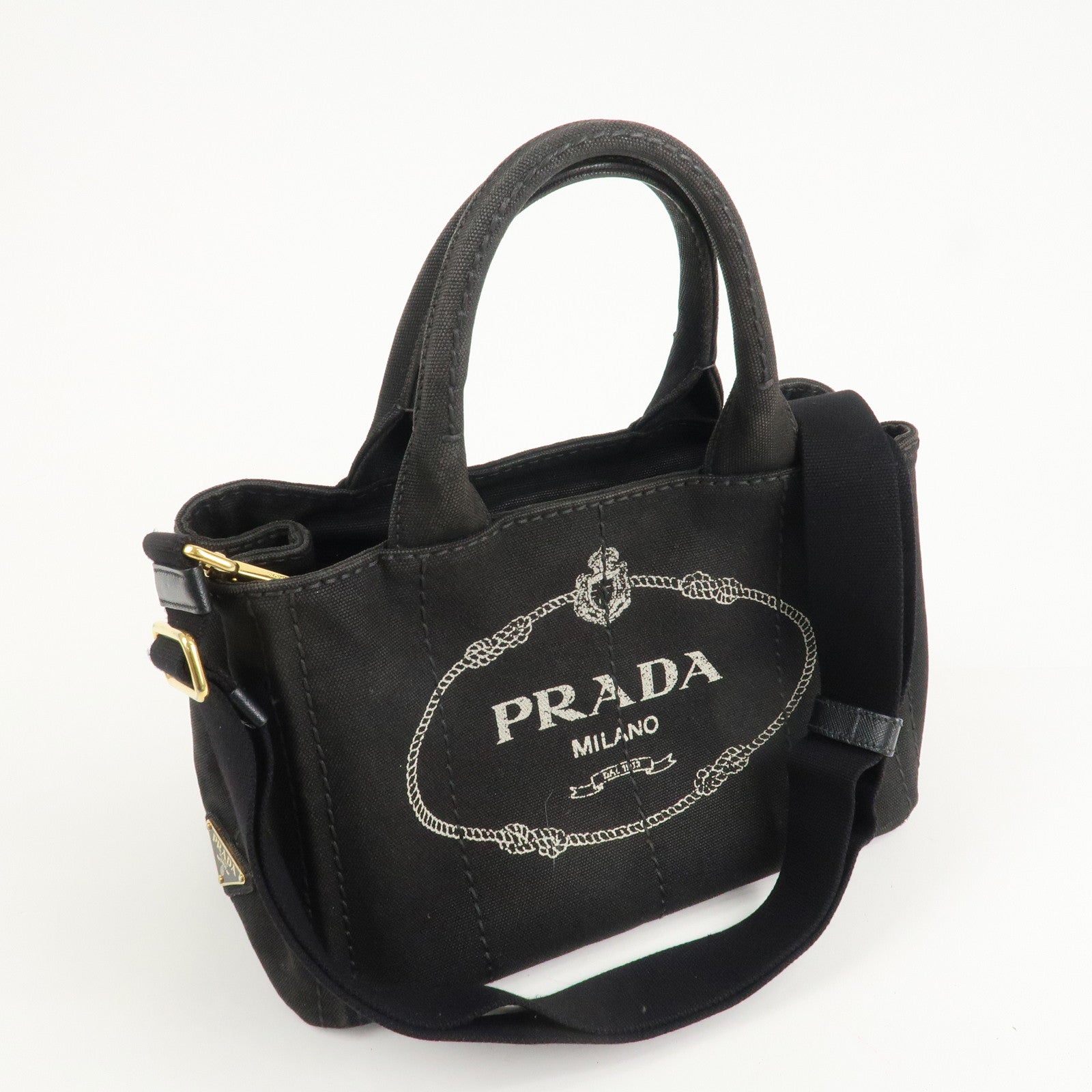 PRADA Canapa Mini Canvas 2Way Hand Bag Tote Bag Black 1BG439 Used
