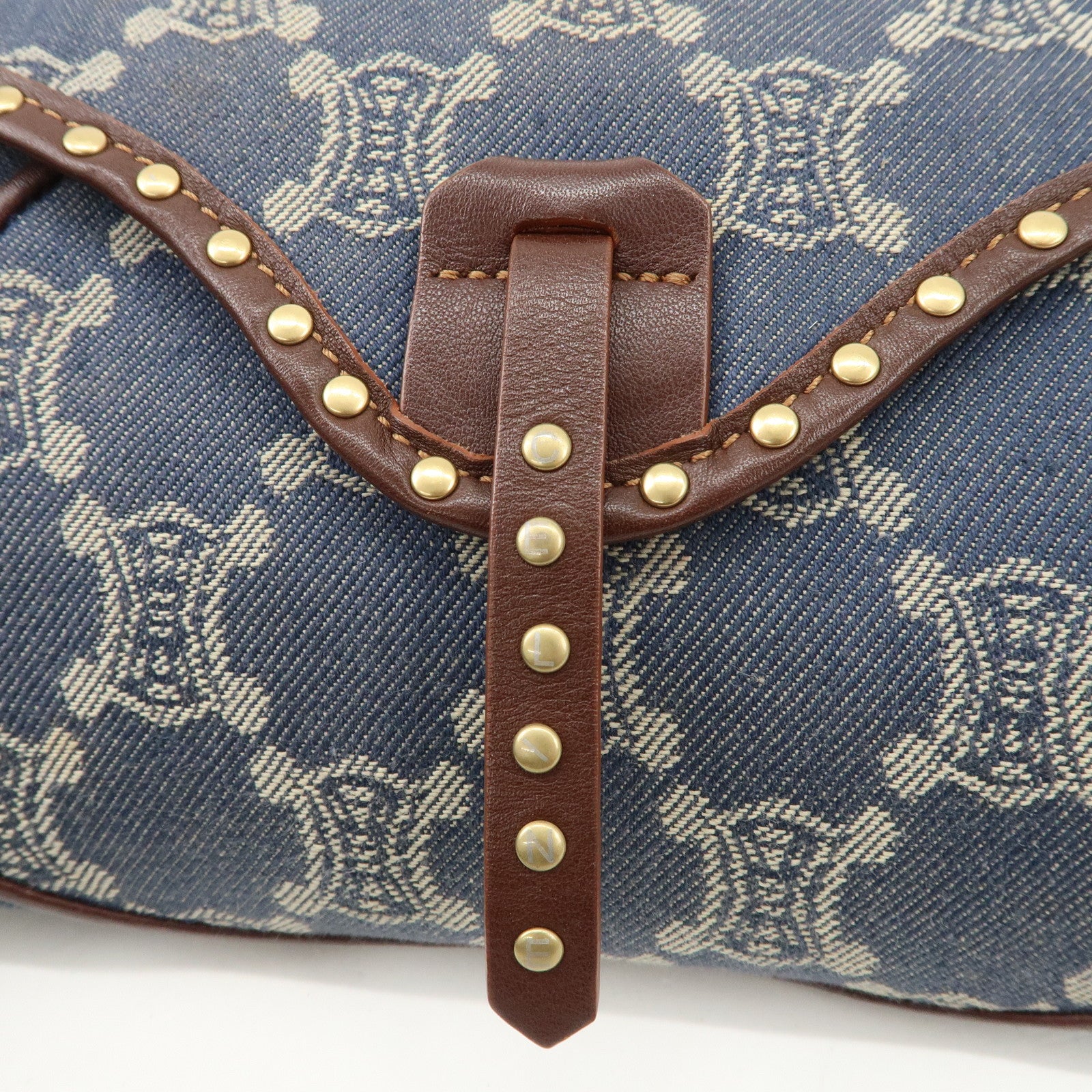 CELINE Macadam Studs Denim Leather Shoulder Bag Dark Brown Navy Used