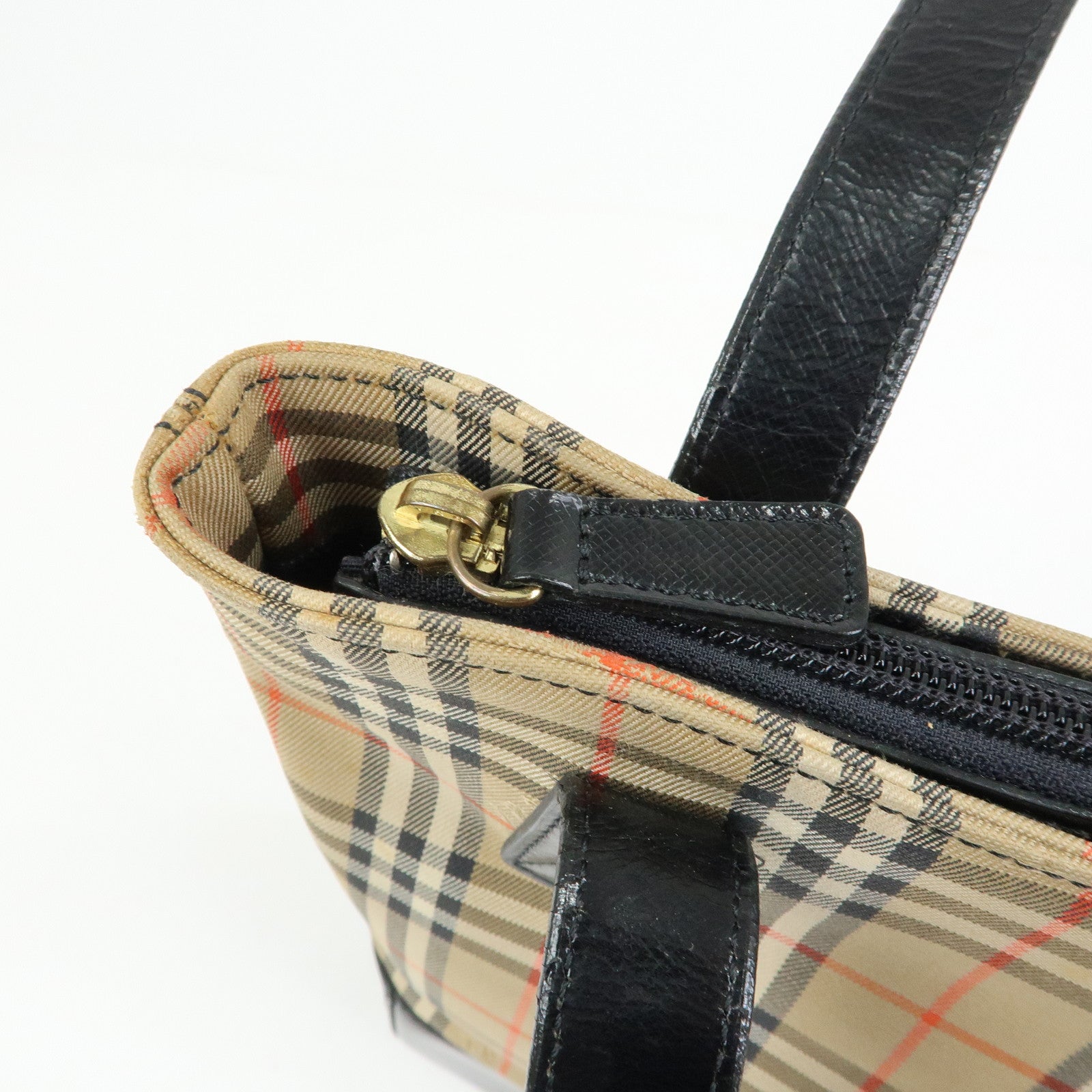 BURBERRY Canvas Leather Nova Plaid Tote Shoulder Bag Beige Black