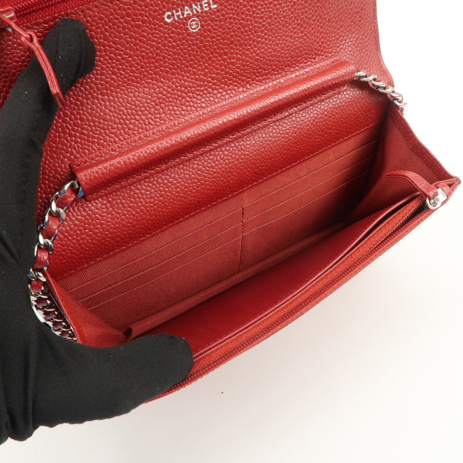 CHANEL Matelasse COCO Mark Caviarskin Chain Wallet Red A33814