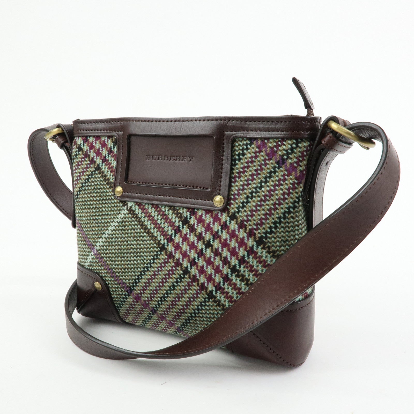 BURBERRY Wool Leather Shoulder Bag Crossbody Bag Brown Green