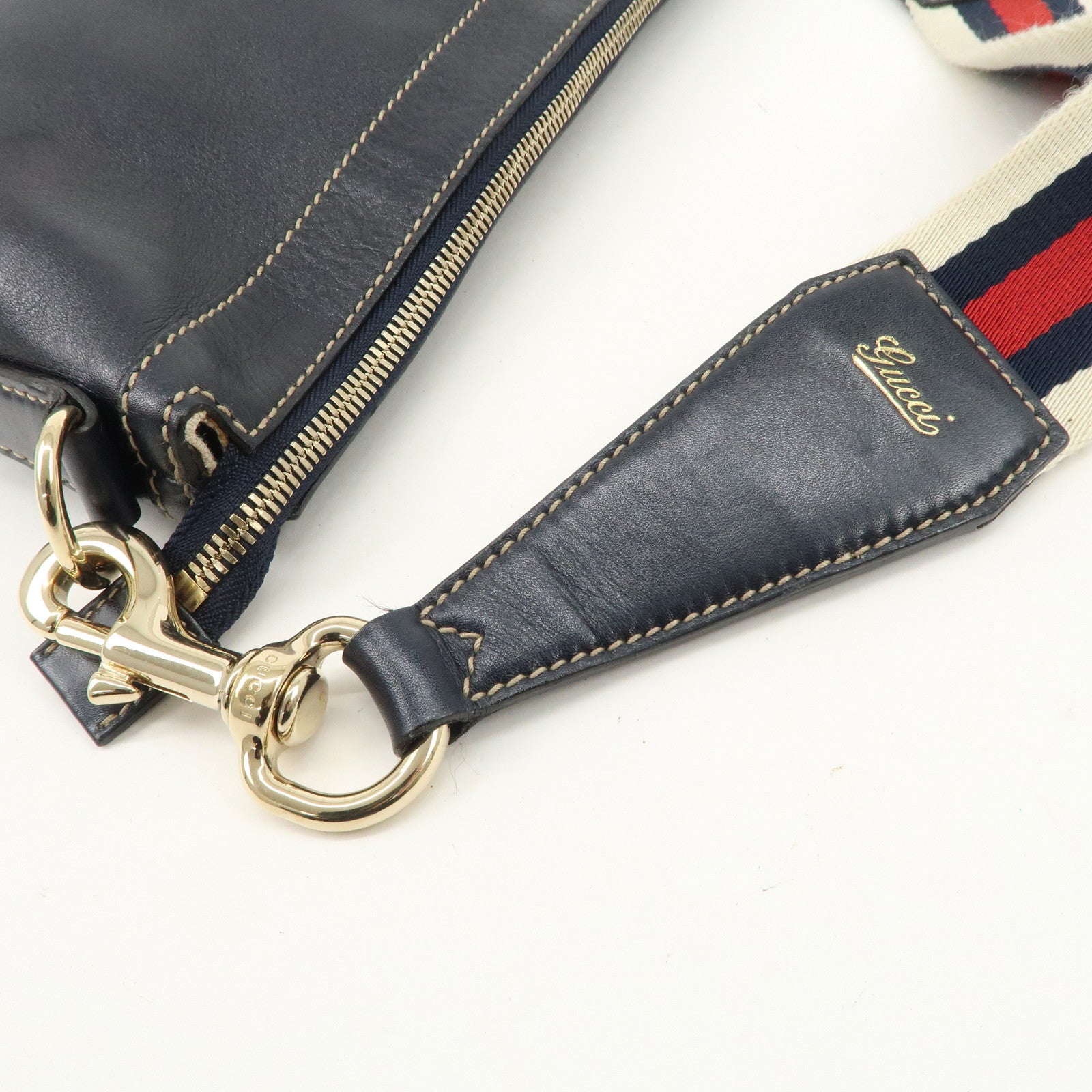 GUCCI Sherry Leather One Shoulder Bag Hand Bag Dark Navy Gold Hardware Used