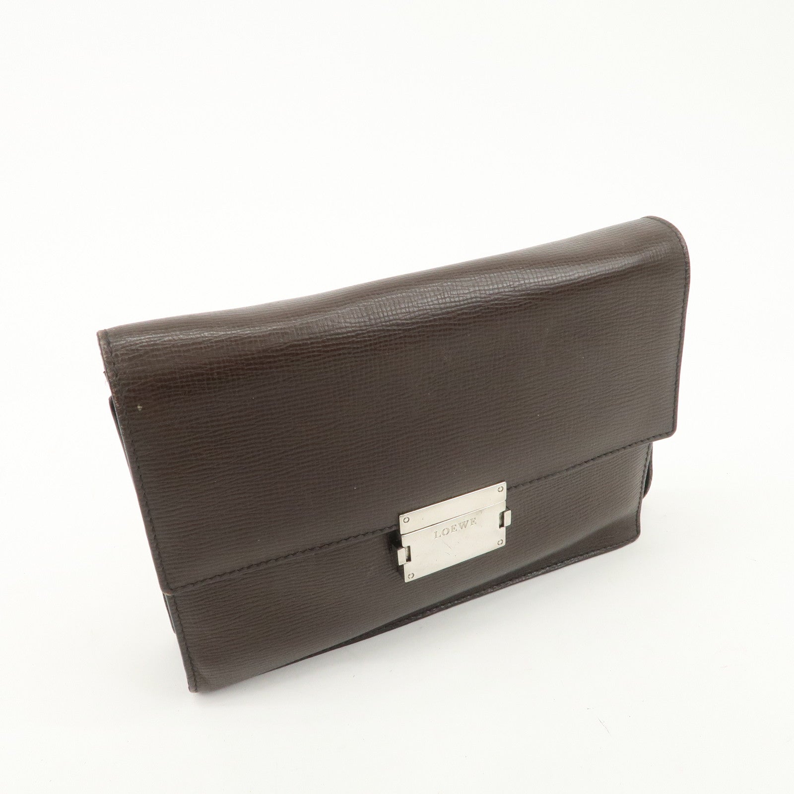 LOEWE Leather Clutch Bag Brown Silver HDW