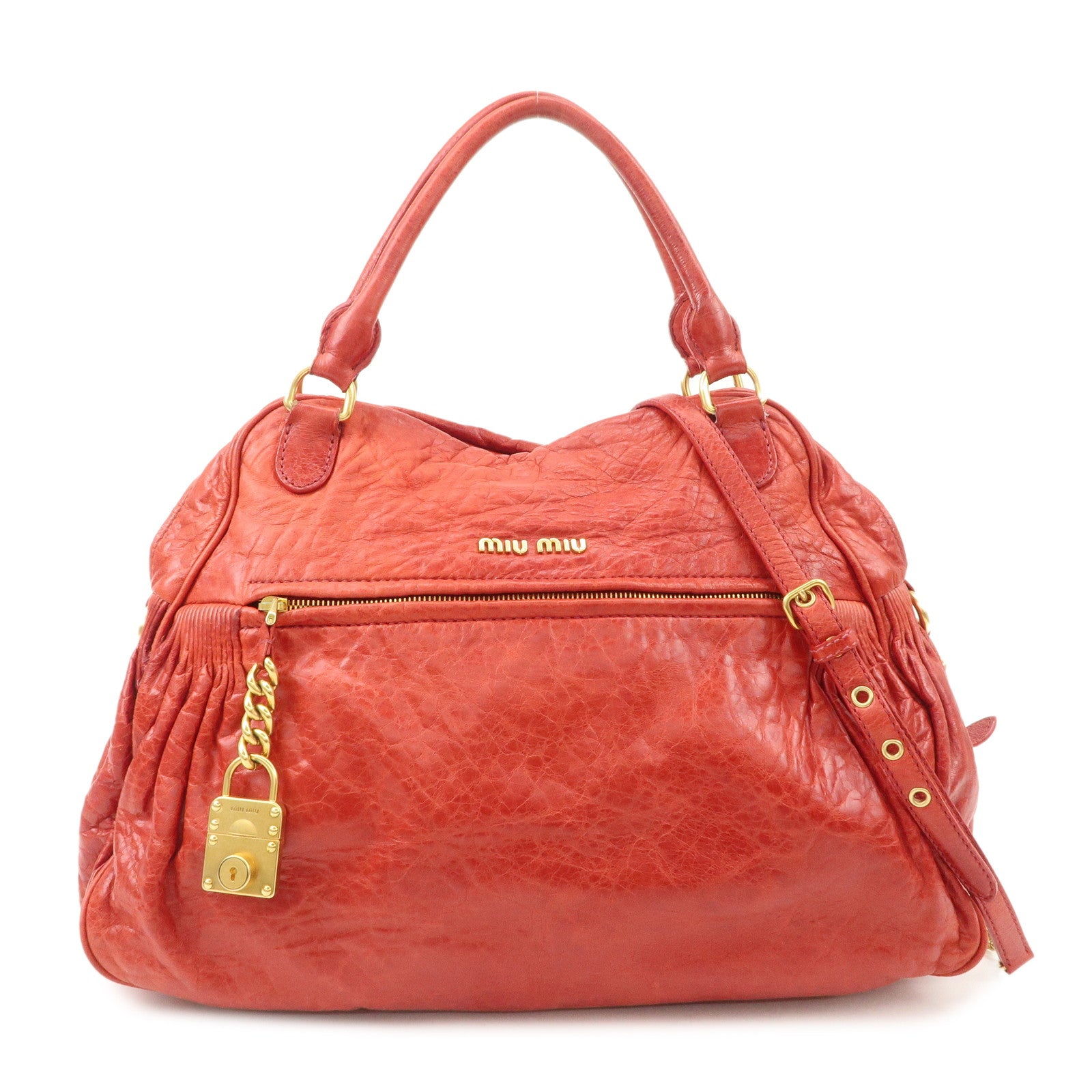 MIU MIU Leather 2WAY Bag Hand Bag Shoulder Bag Red Gold HDW Used