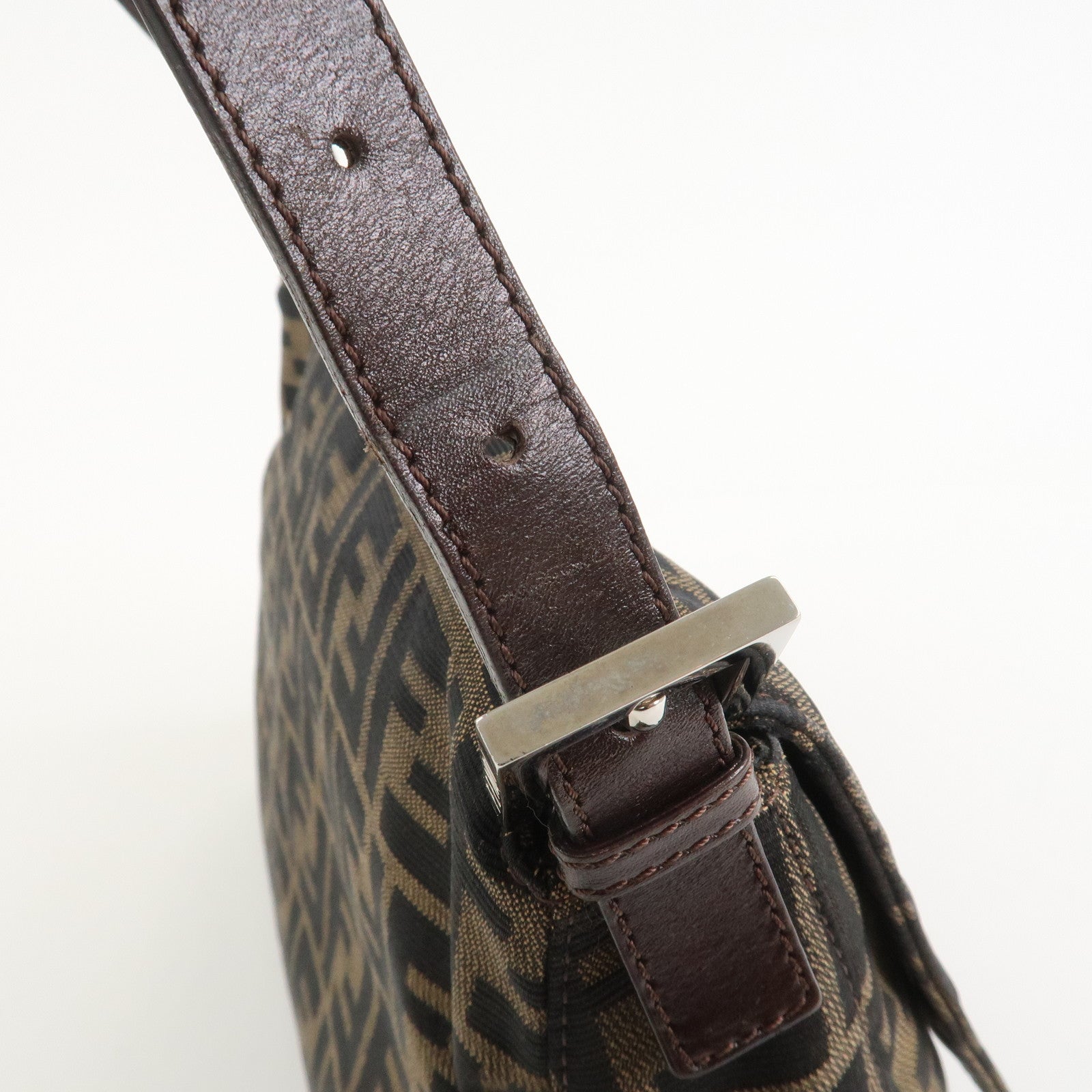 FENDI Mamma Baguette Zucca Canvas Leather Shoulder Bag Brown 26325