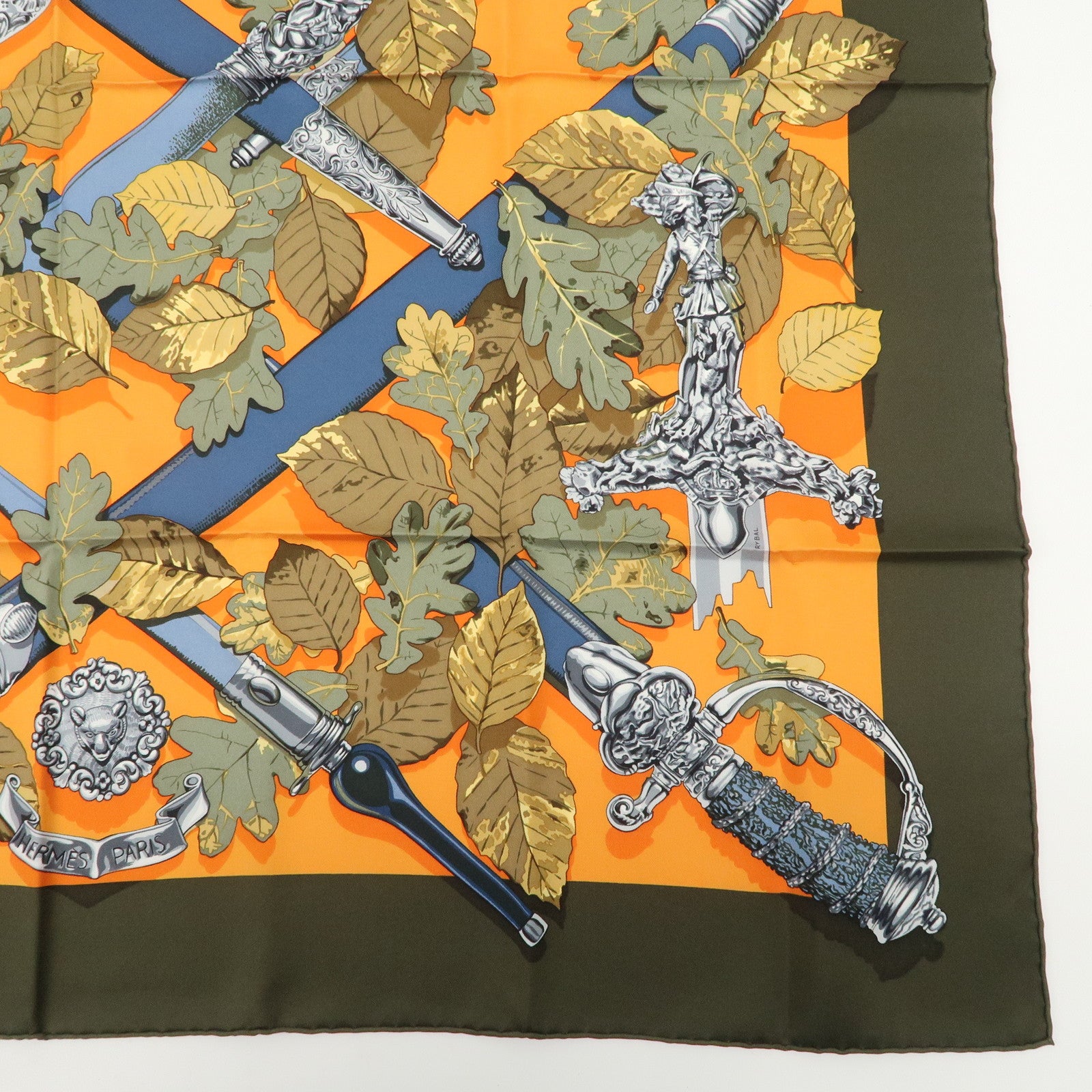 HERMES Carre90 Silk 100% Scarf AU PLUS DRU Khaki Orange Used